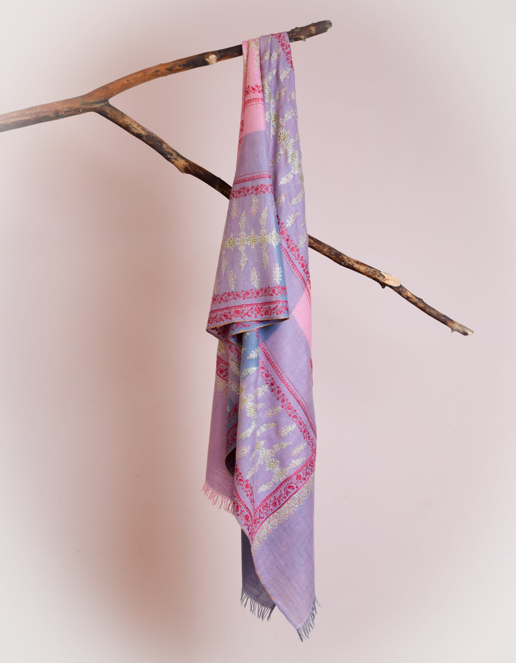 Modern Sozni Embroidered Handwoven Pink-Grey Pashmina Stole - Kashmir Box