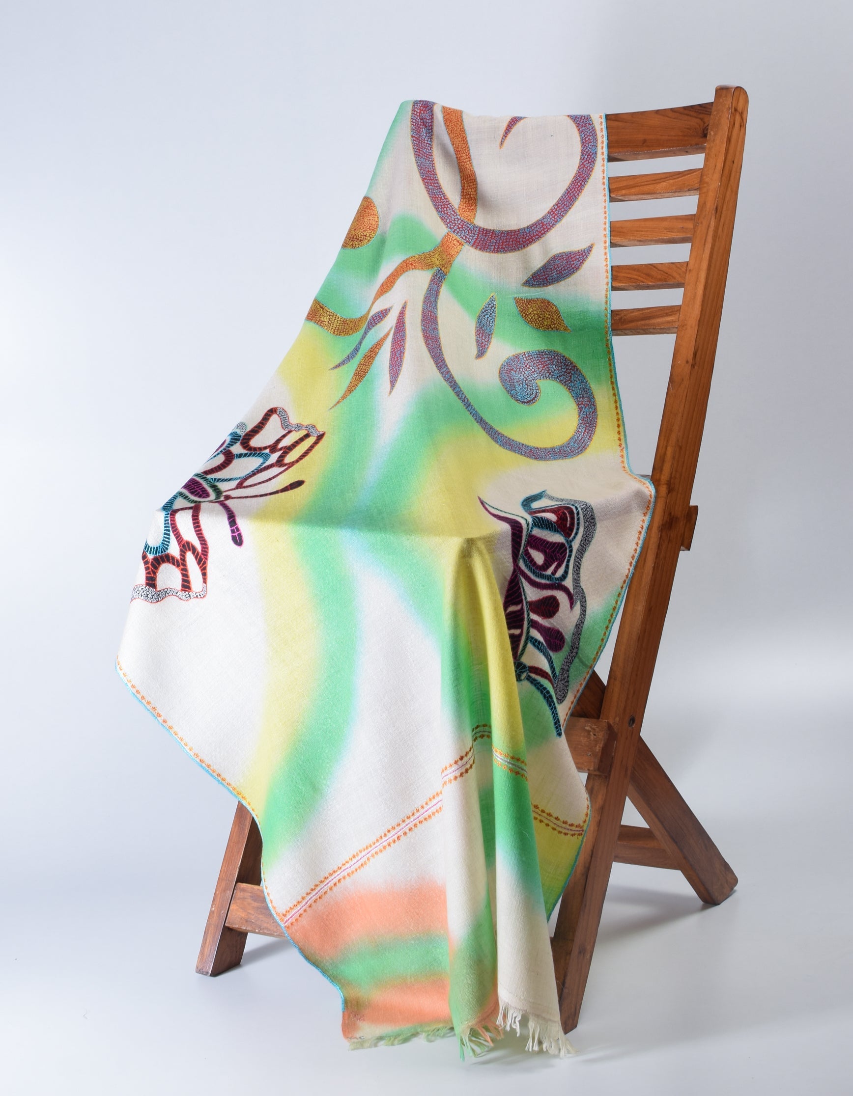 Multicolour Ombre Handwoven Sozni Butterfly Embroidered Cashmere Pashmina Stole - Kashmir Box