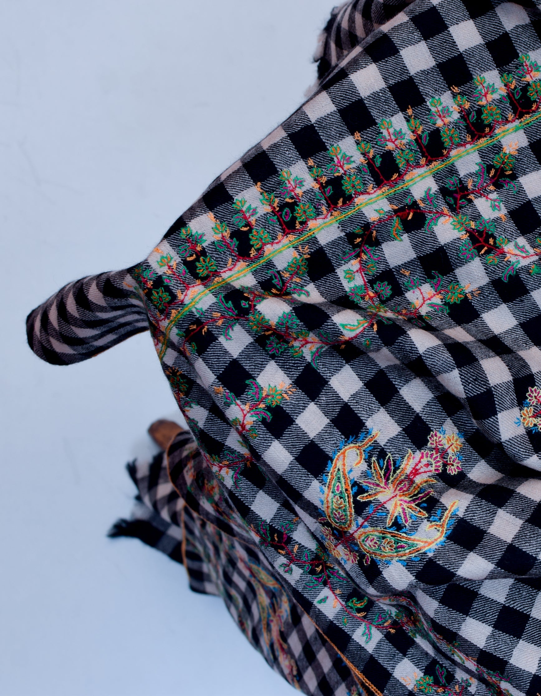 Chess Check Sozni Paisley Embroidered Pashmina Stole - Kashmir Box