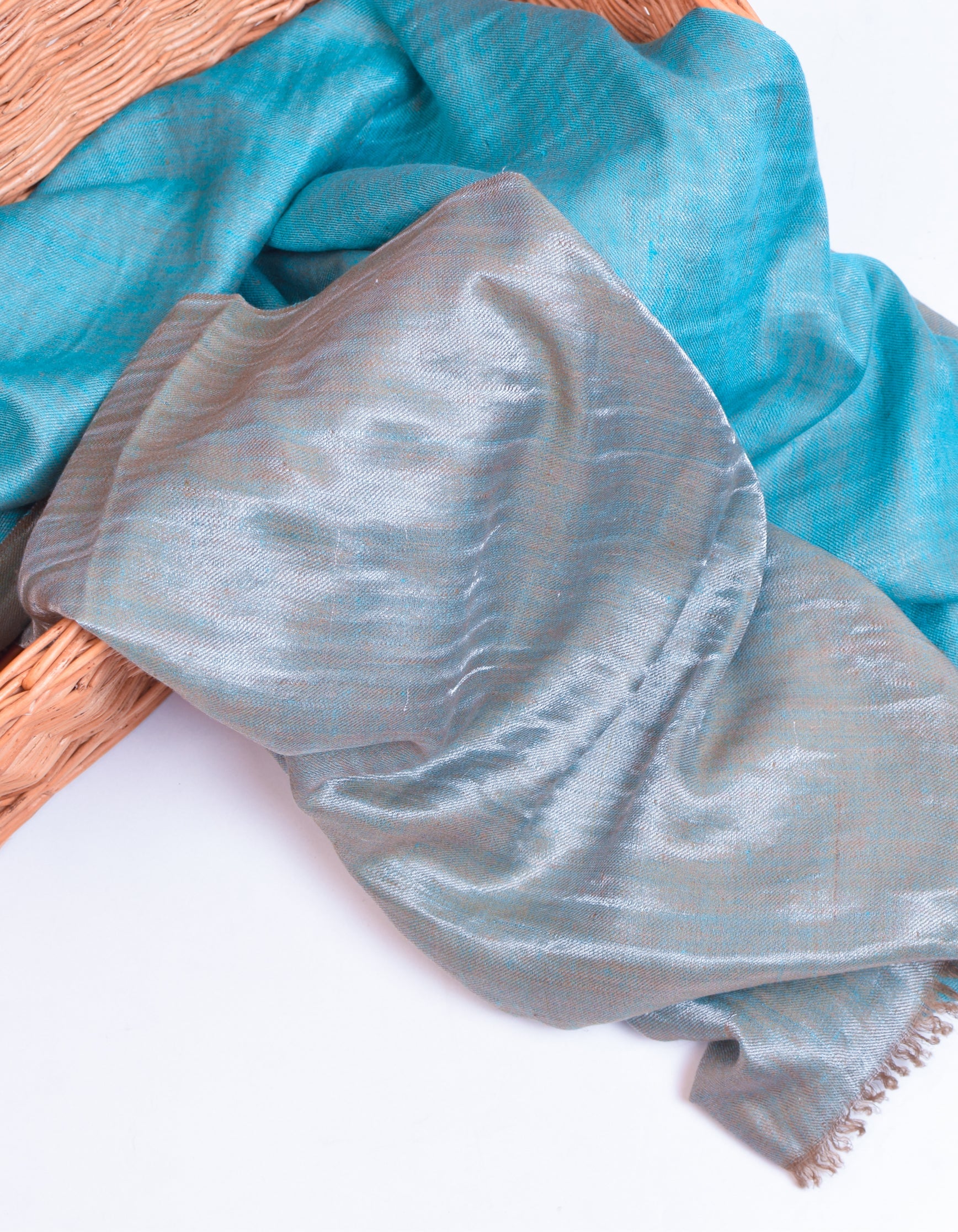 Aqua Silver Zari Handwoven Reversible Cashmere Pashmina Shawl - Kashmir Box