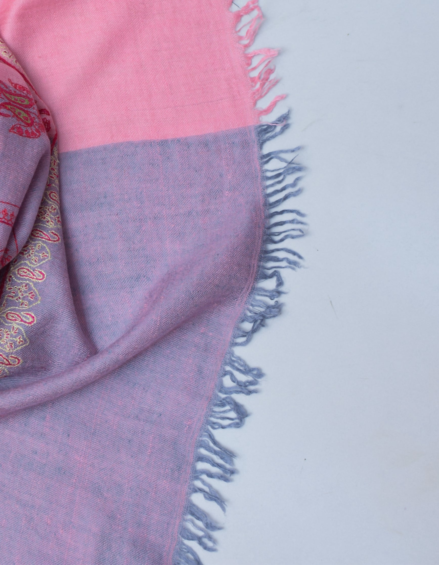 Modern Sozni Embroidered Handwoven Pink-Grey Pashmina Stole - Kashmir Box
