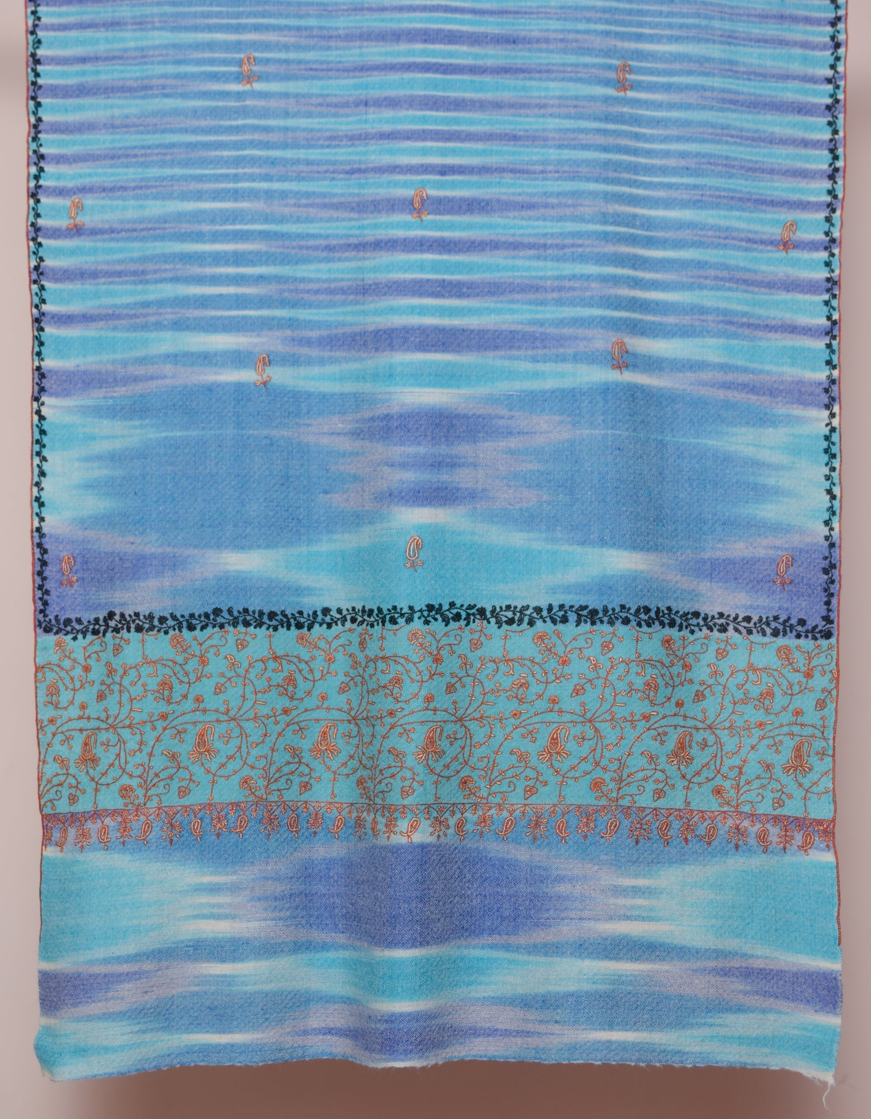 Multi-Blue Ikat Handwoven Sozni Embroidered Cashmere Pashmina Stole - Kashmir Box