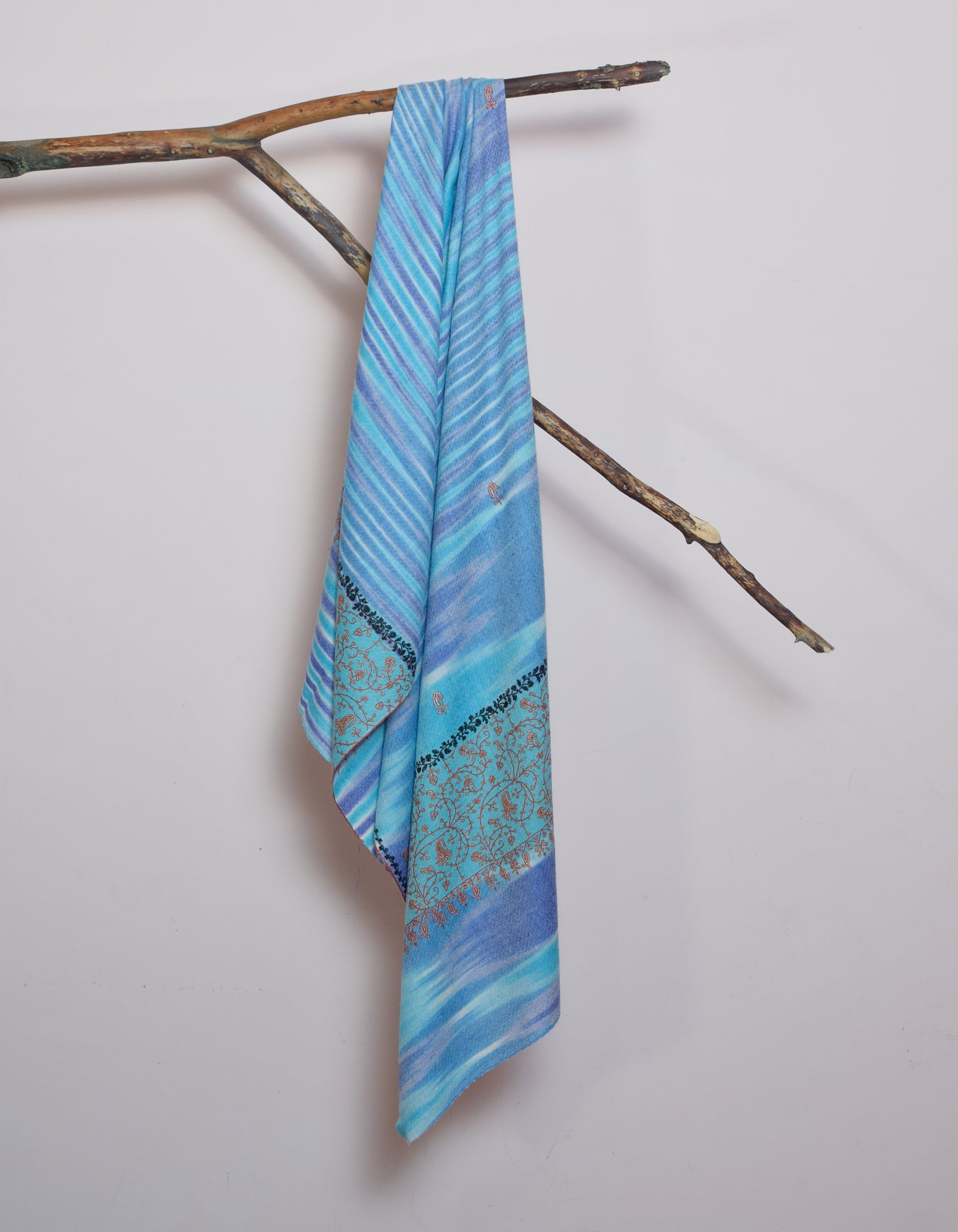 Multi-Blue Ikat Handwoven Sozni Embroidered Cashmere Pashmina Stole - Kashmir Box