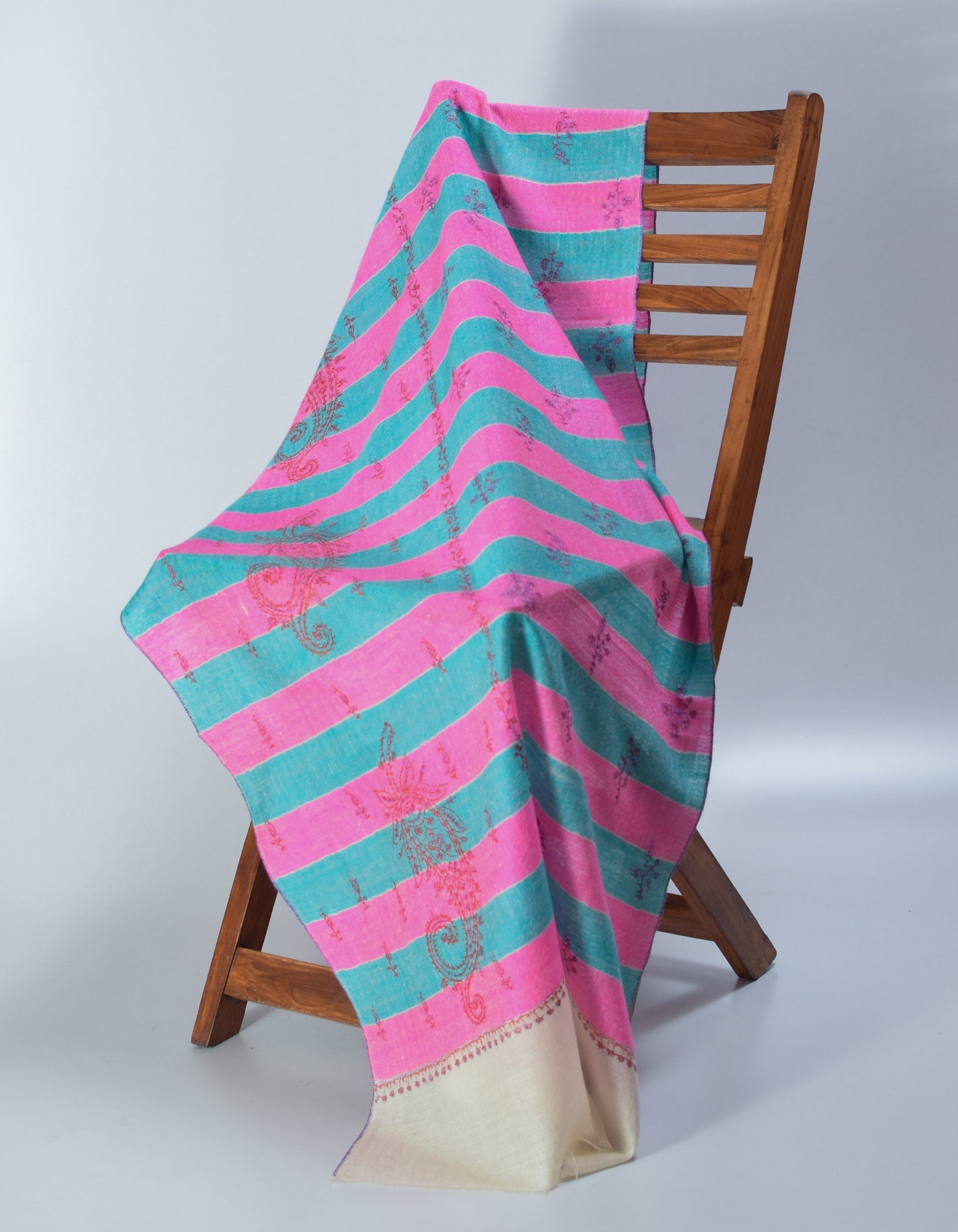 Cream Handwoven Dual Pattern Embroidered Cashmere Pashmina Stole - Kashmir Box