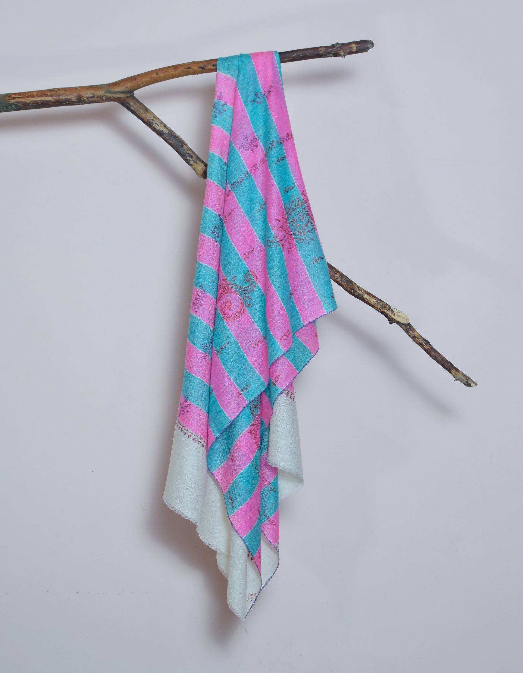 Cream Handwoven Dual Pattern Embroidered Cashmere Pashmina Stole - Kashmir Box