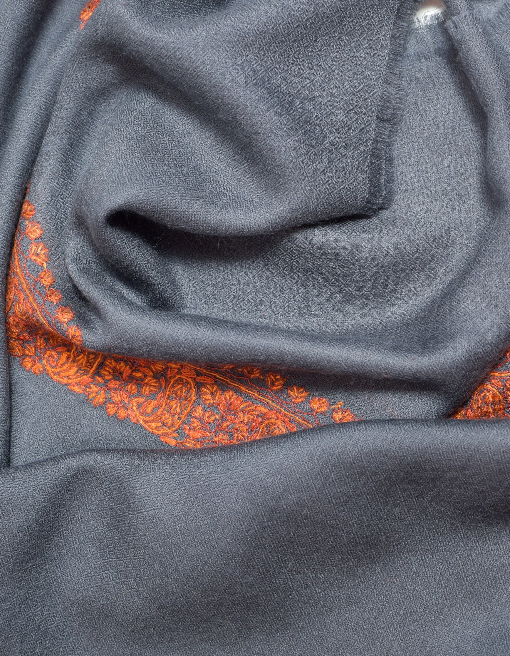 Cadet Grey Handwoven Border Embroidered Cashmere Pashmina Shawl - Kashmir Box