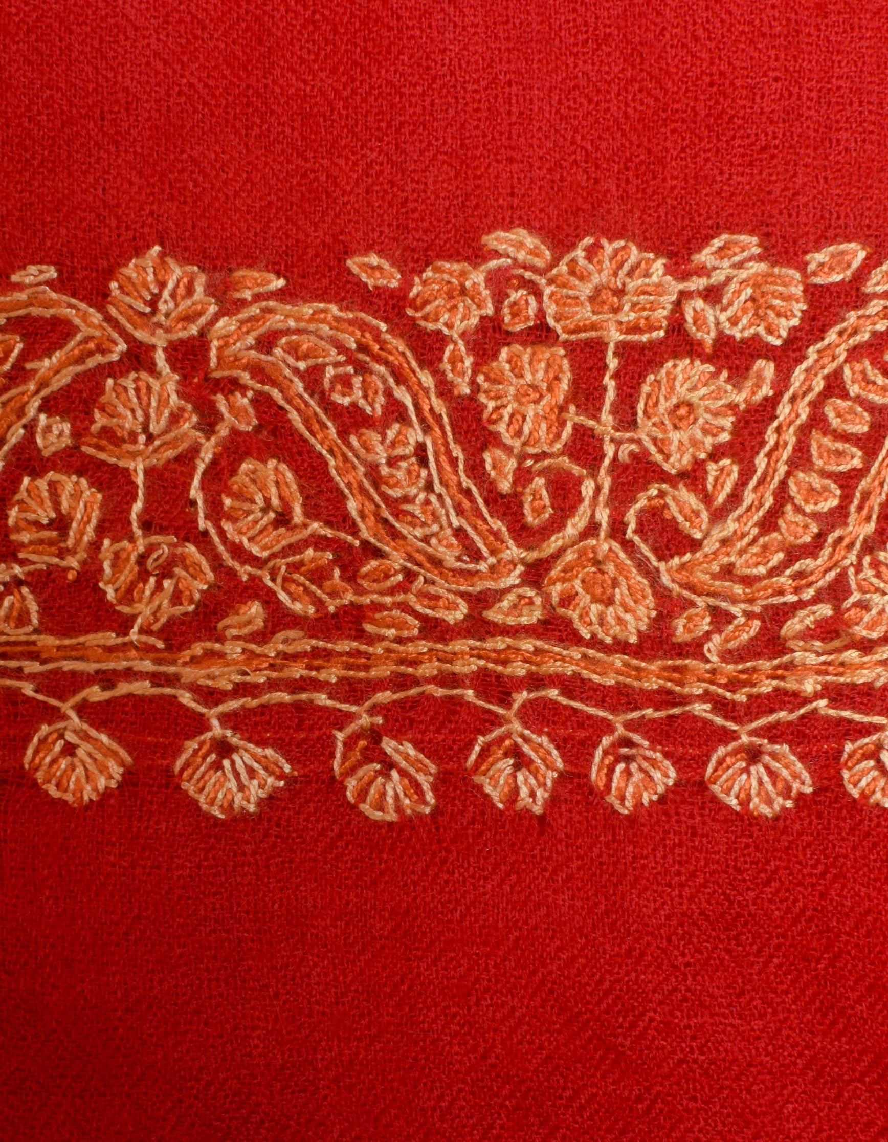 Scarlet Red Handwoven Border Embroidered Cashmere Pashmina Shawl - Kashmir Box