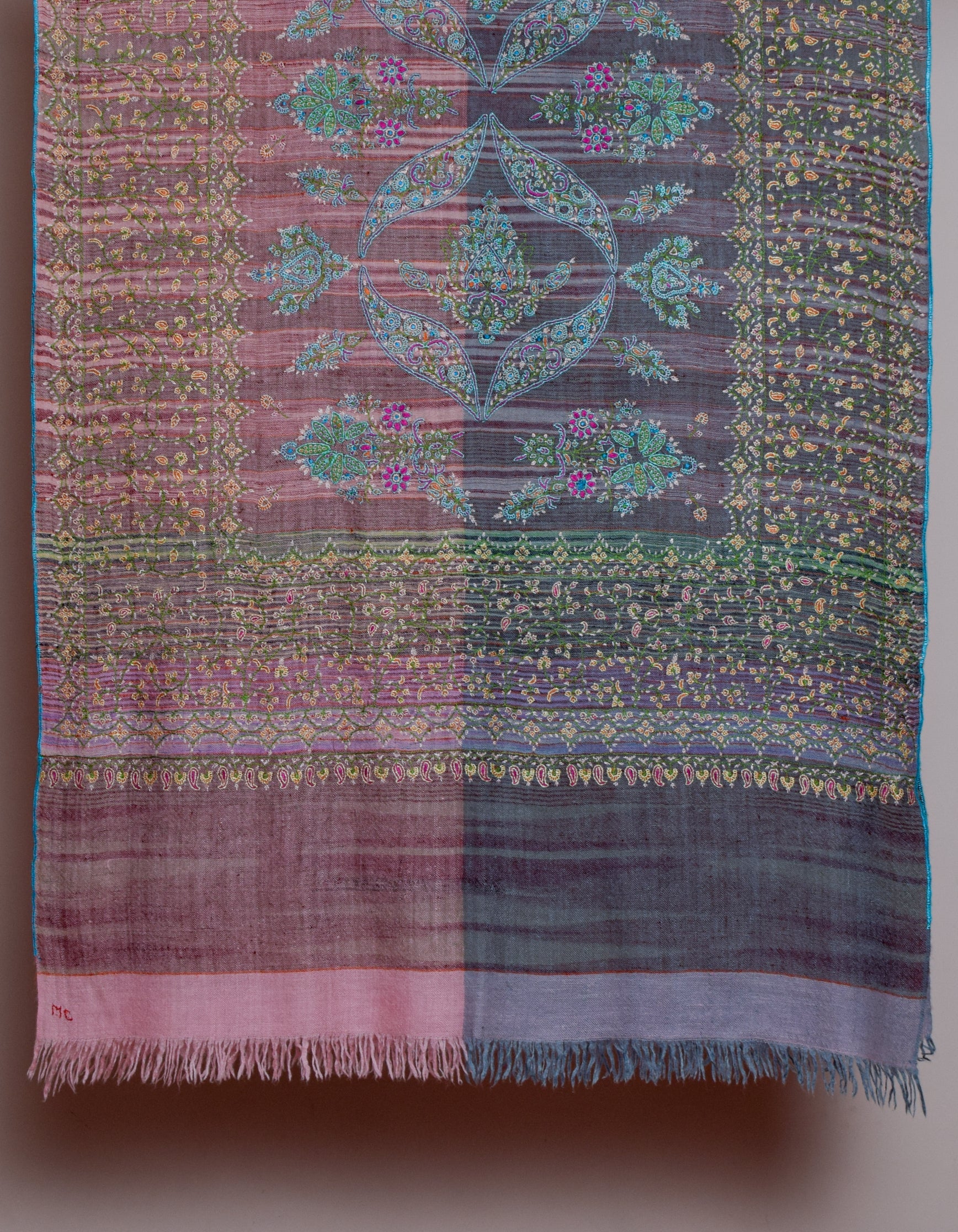 Modern Grey Pink Stripes Handwoven Sozni Embroidered Cashmere Pashmina Stole - Kashmir Box