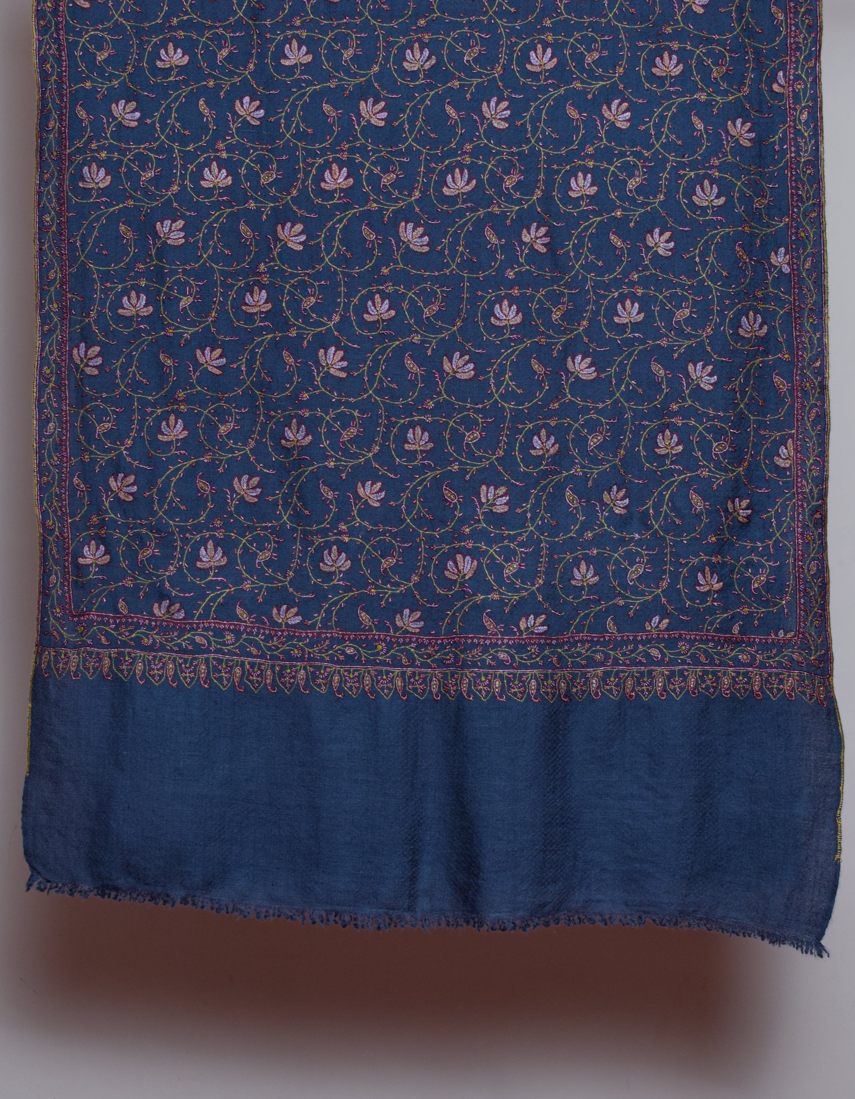 Bluish Grey Handmade Sozni Certified Jaali Embroidered Cashmere Pashmina Stole - Kashmir Box