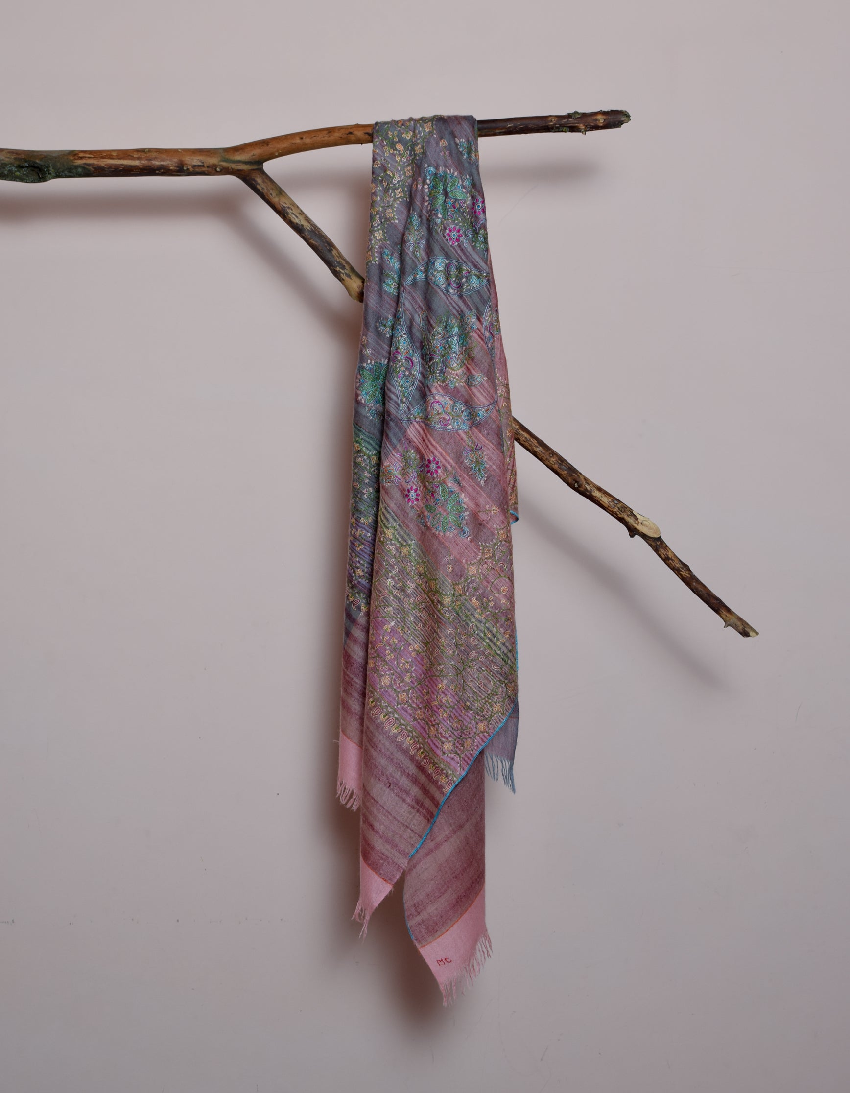 Modern Grey Pink Stripes Handwoven Sozni Embroidered Cashmere Pashmina Stole - Kashmir Box