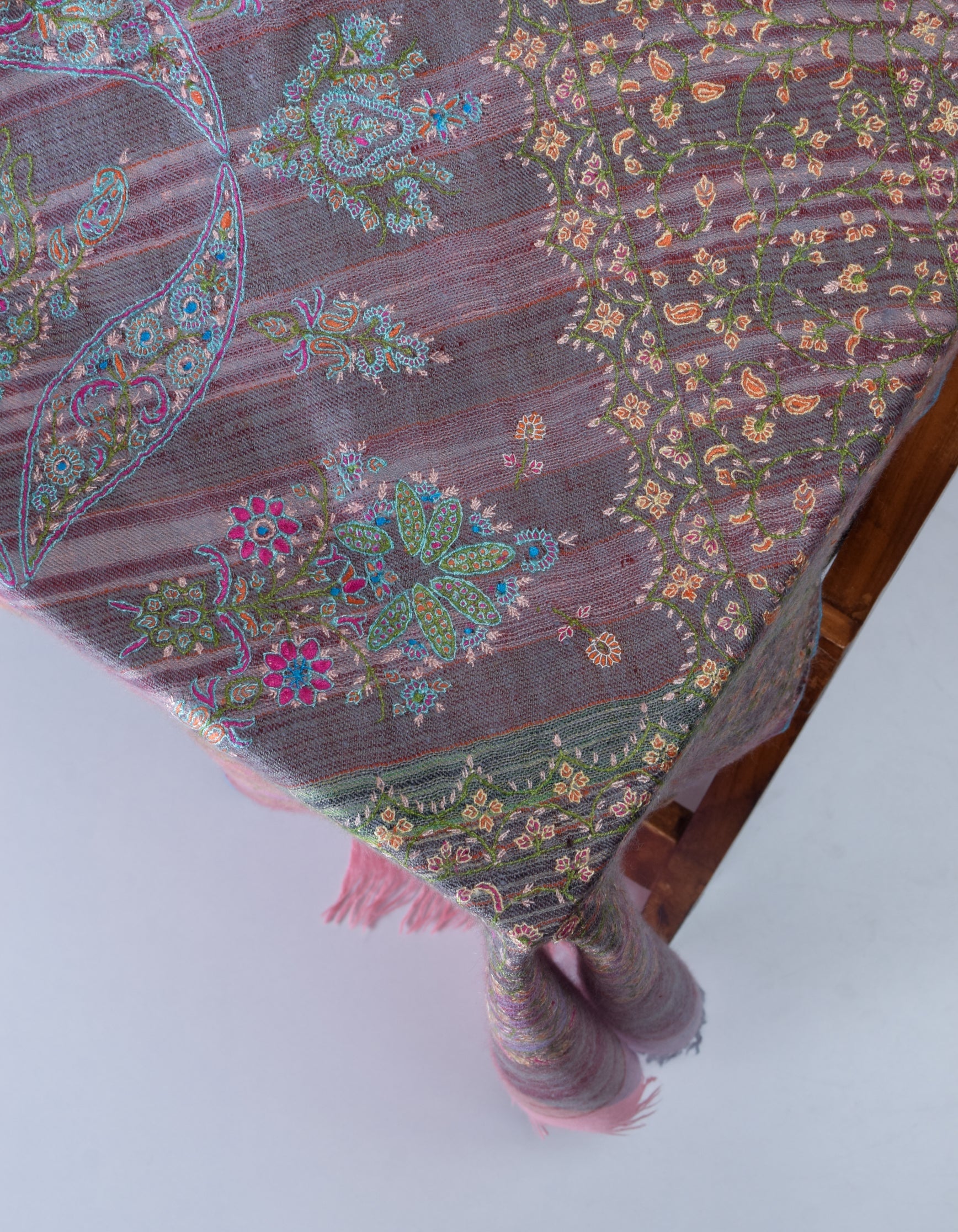 Modern Grey Pink Stripes Handwoven Sozni Embroidered Cashmere Pashmina Stole - Kashmir Box