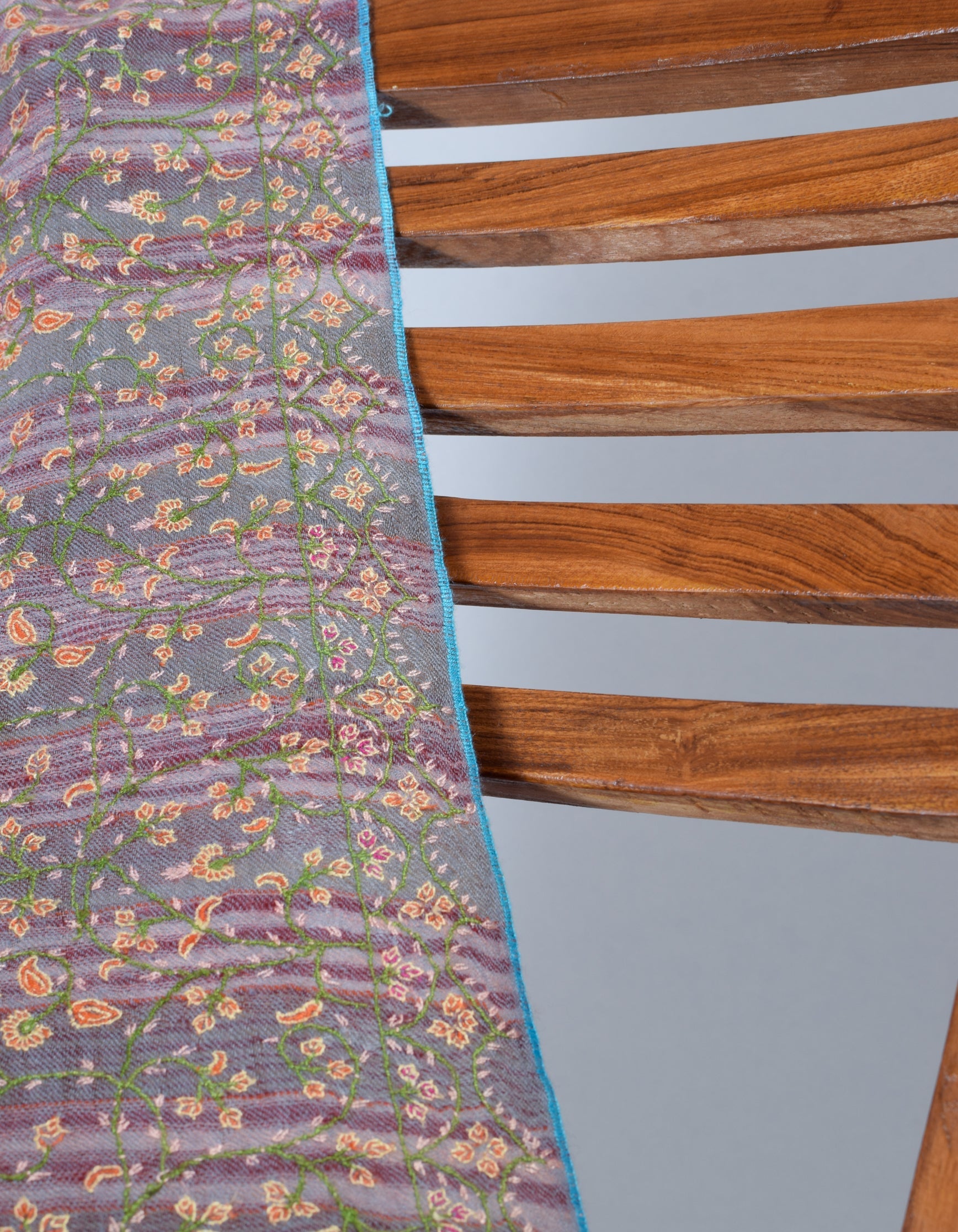 Modern Grey Pink Stripes Handwoven Sozni Embroidered Cashmere Pashmina Stole - Kashmir Box
