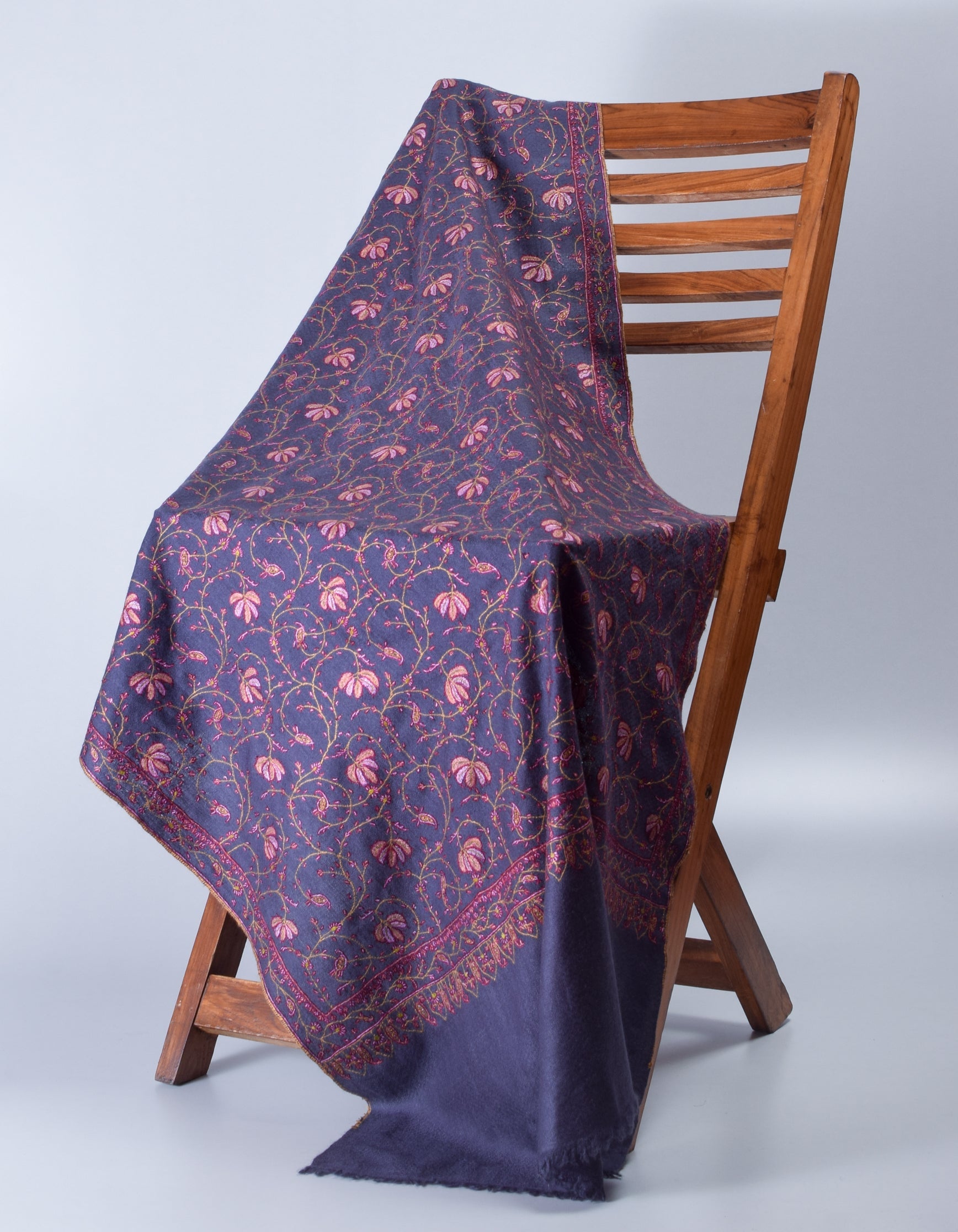 Bluish Grey Handmade Sozni Certified Jaali Embroidered Cashmere Pashmina Stole - Kashmir Box