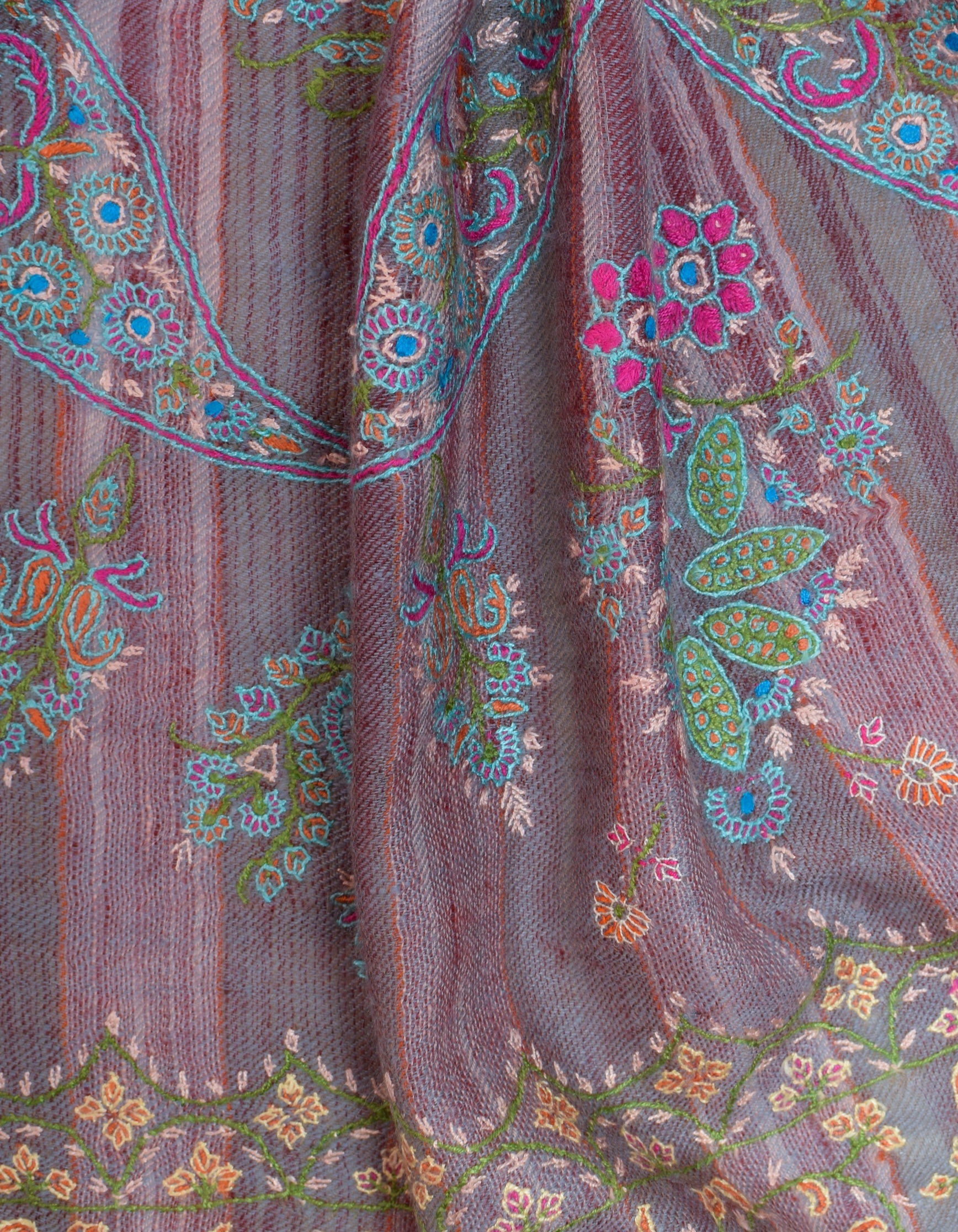 Modern Grey Pink Stripes Handwoven Sozni Embroidered Cashmere Pashmina Stole - Kashmir Box