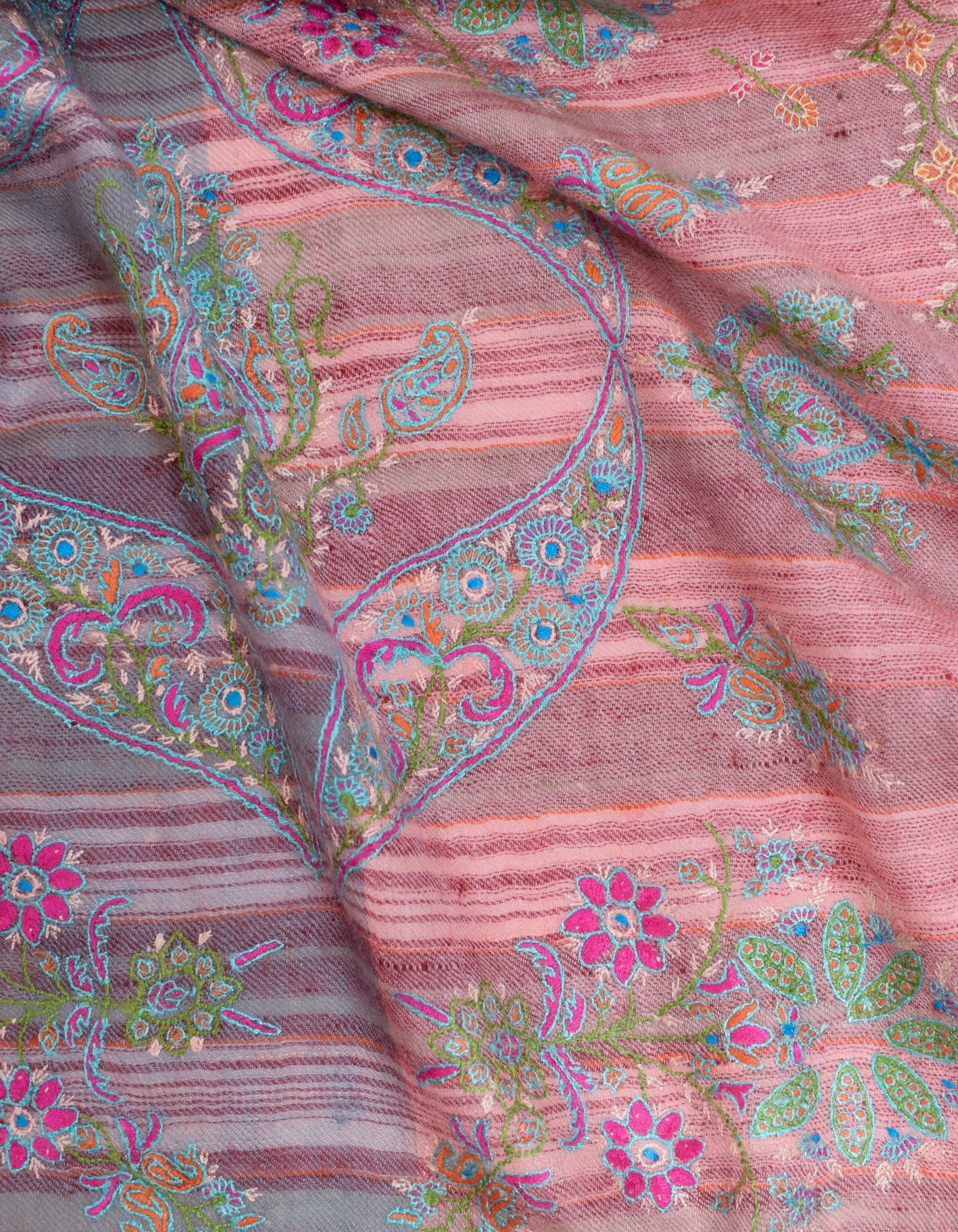 Modern Grey Pink Stripes Handwoven Sozni Embroidered Cashmere Pashmina Stole - Kashmir Box
