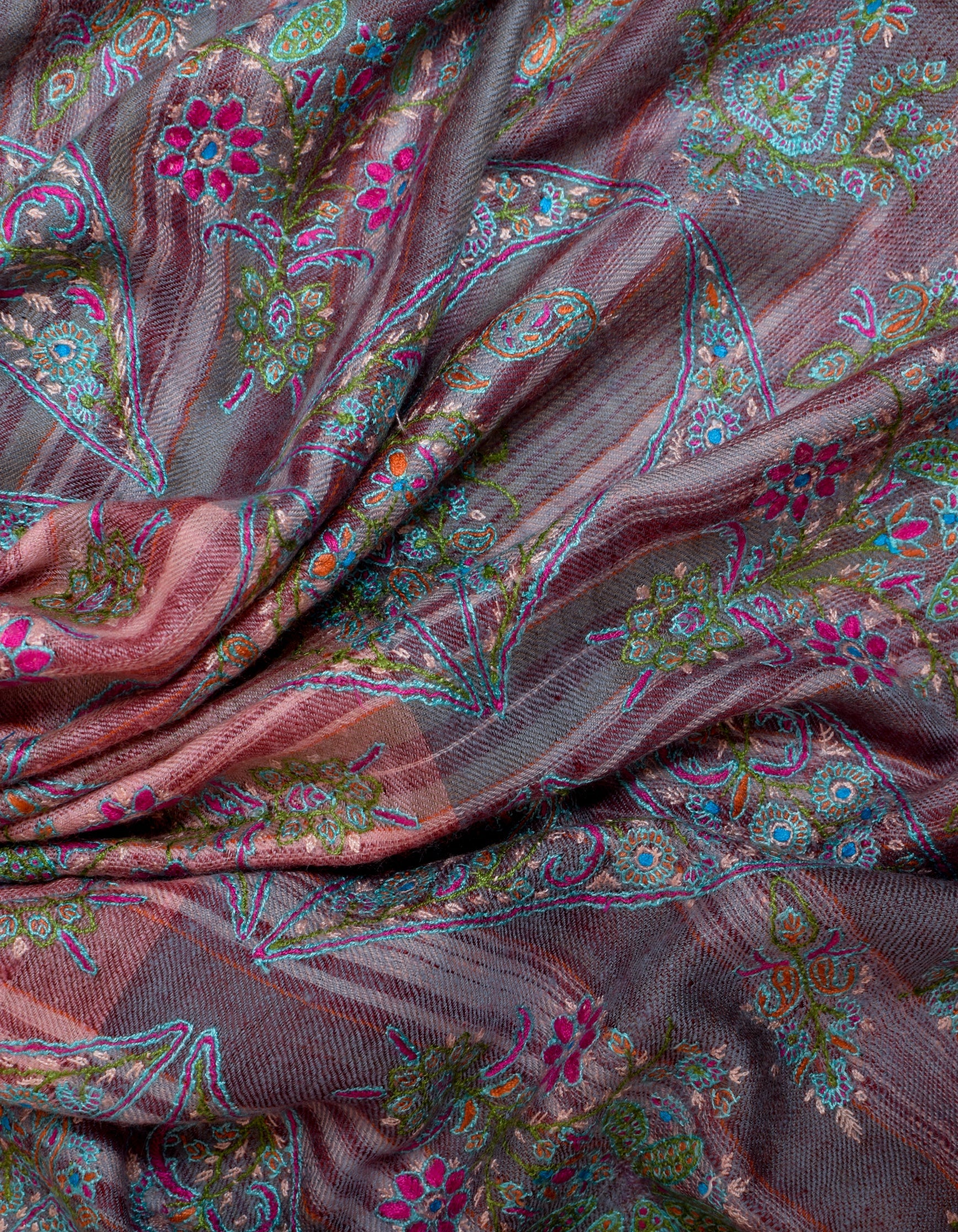 Modern Grey Pink Stripes Handwoven Sozni Embroidered Cashmere Pashmina Stole - Kashmir Box
