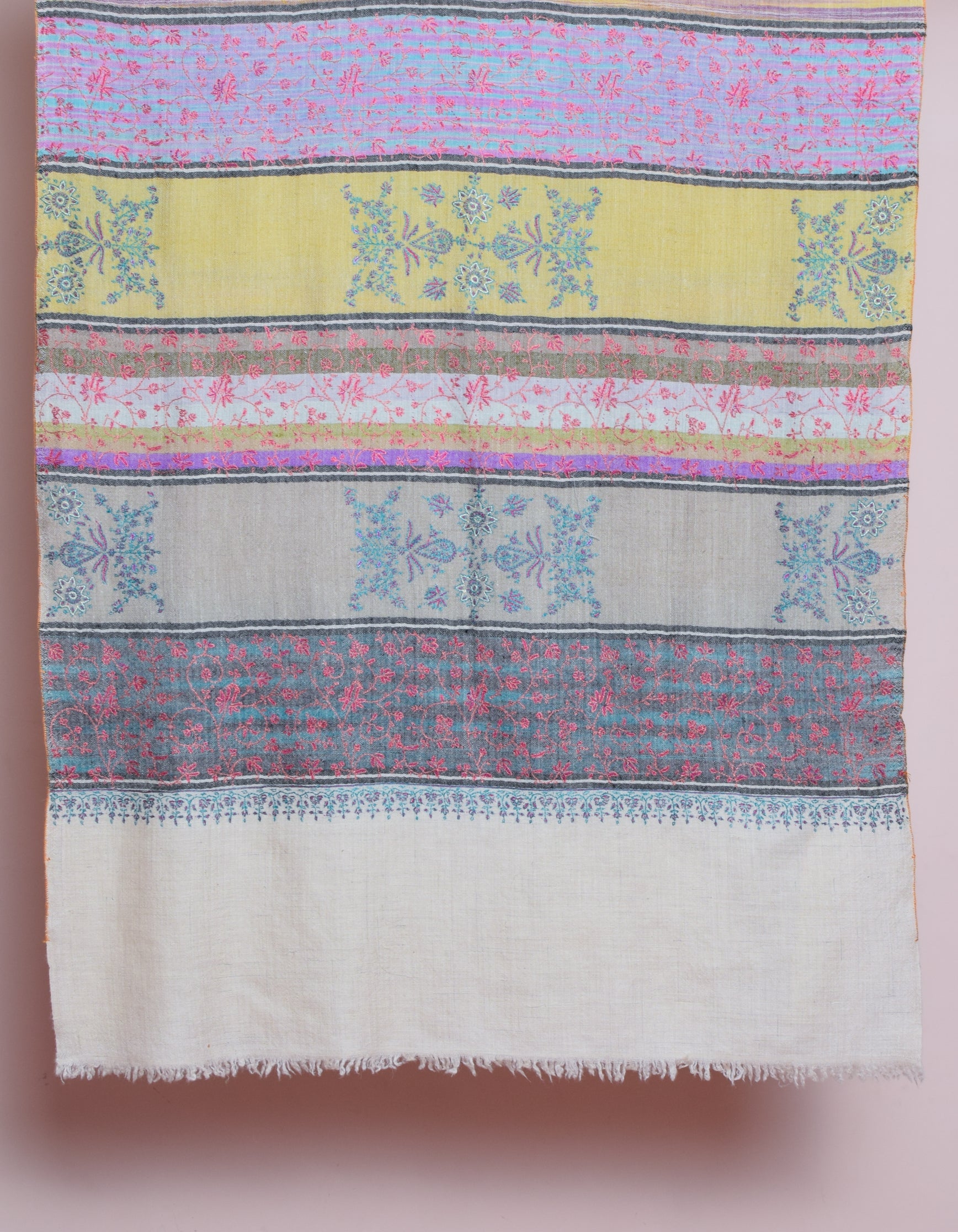 Modern Multicolour Stripes Handwoven Floral Sozni Embroidered Cashmere Pashmina Stole - Kashmir Box