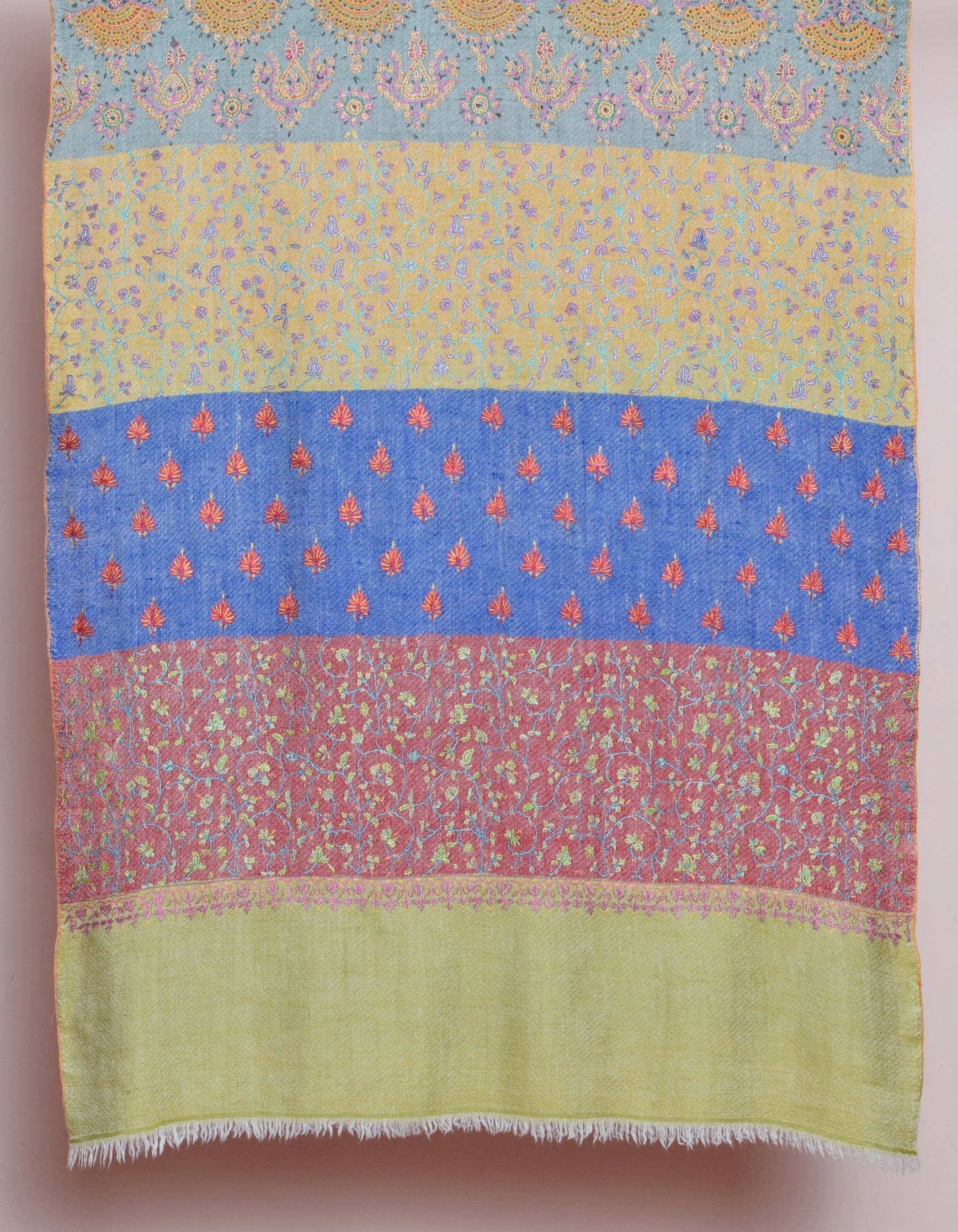 Modern Stripes Handwoven Multicolour Sozni Embroidered Cashmere Pashmina Stole - Kashmir Box