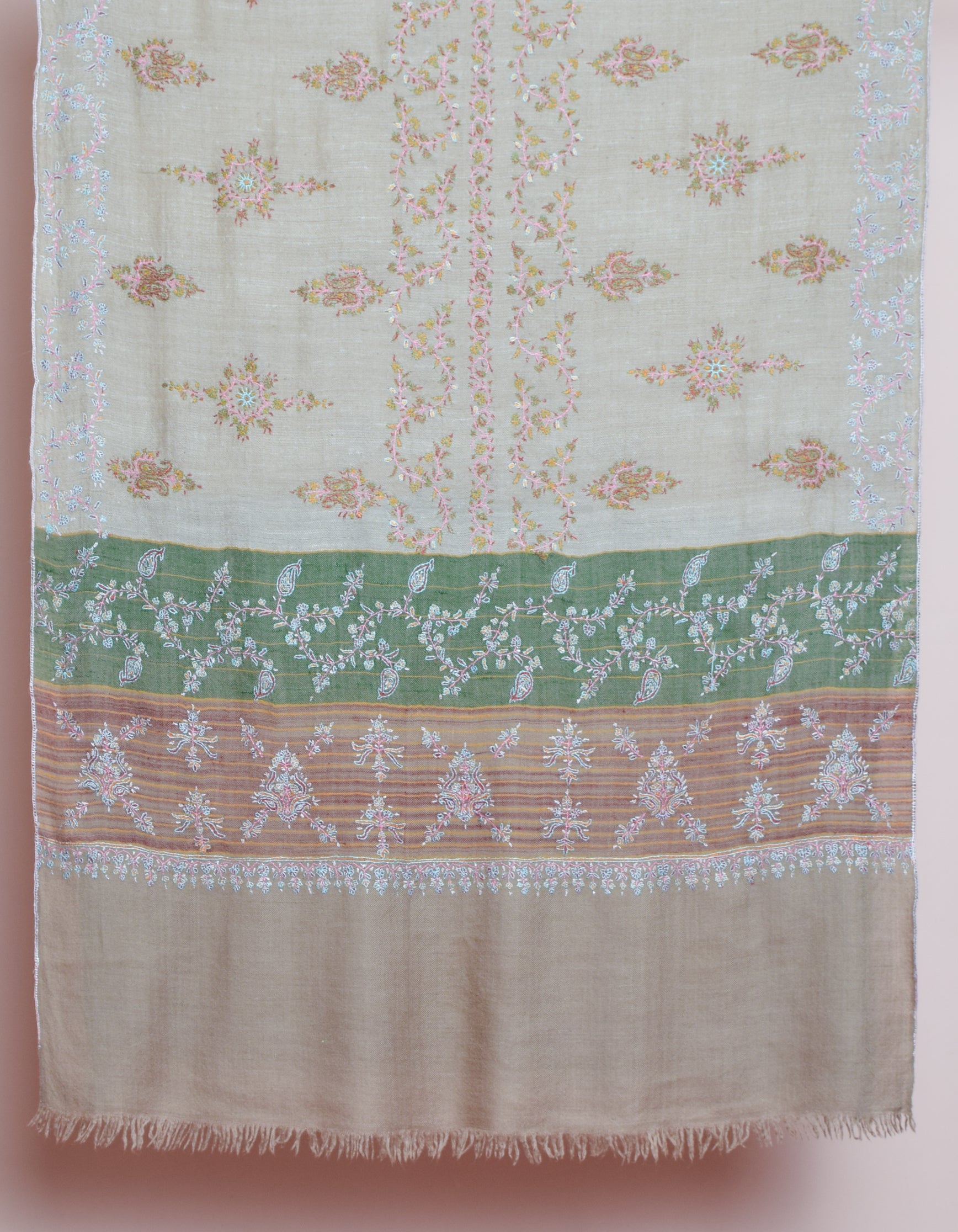 Modern Ash Grey Handwoven Sozni Embroidered Cashmere Pashmina Stole