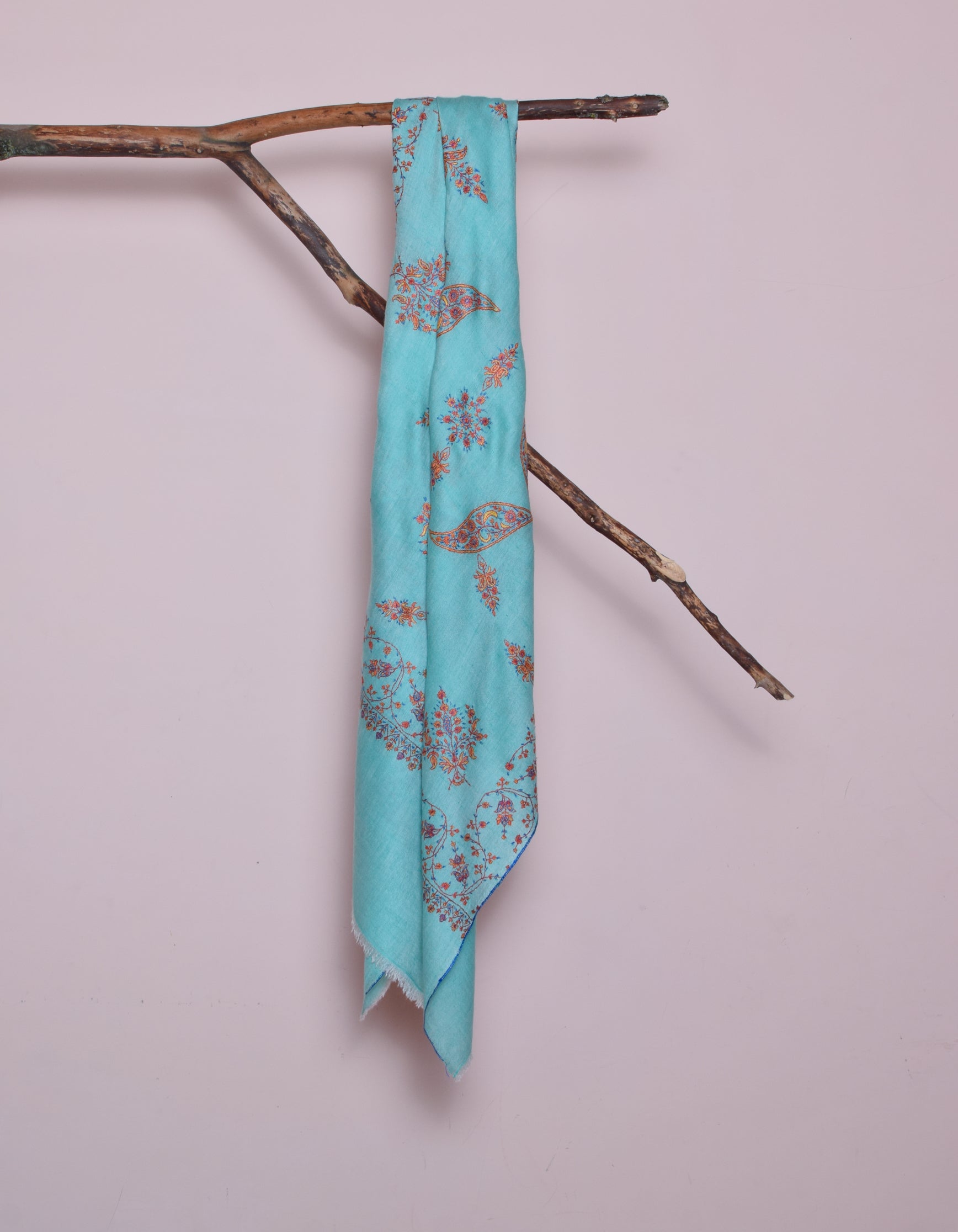 Seafoam Green Handwoven Sozni Floral Embroidered Cashmere Pashmina Stole - Kashmir Box