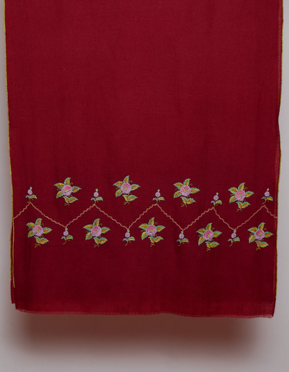 Deep Maroon Handwoven Border Palla Embroidered Cashmere Pashmina Stole - Kashmir Box