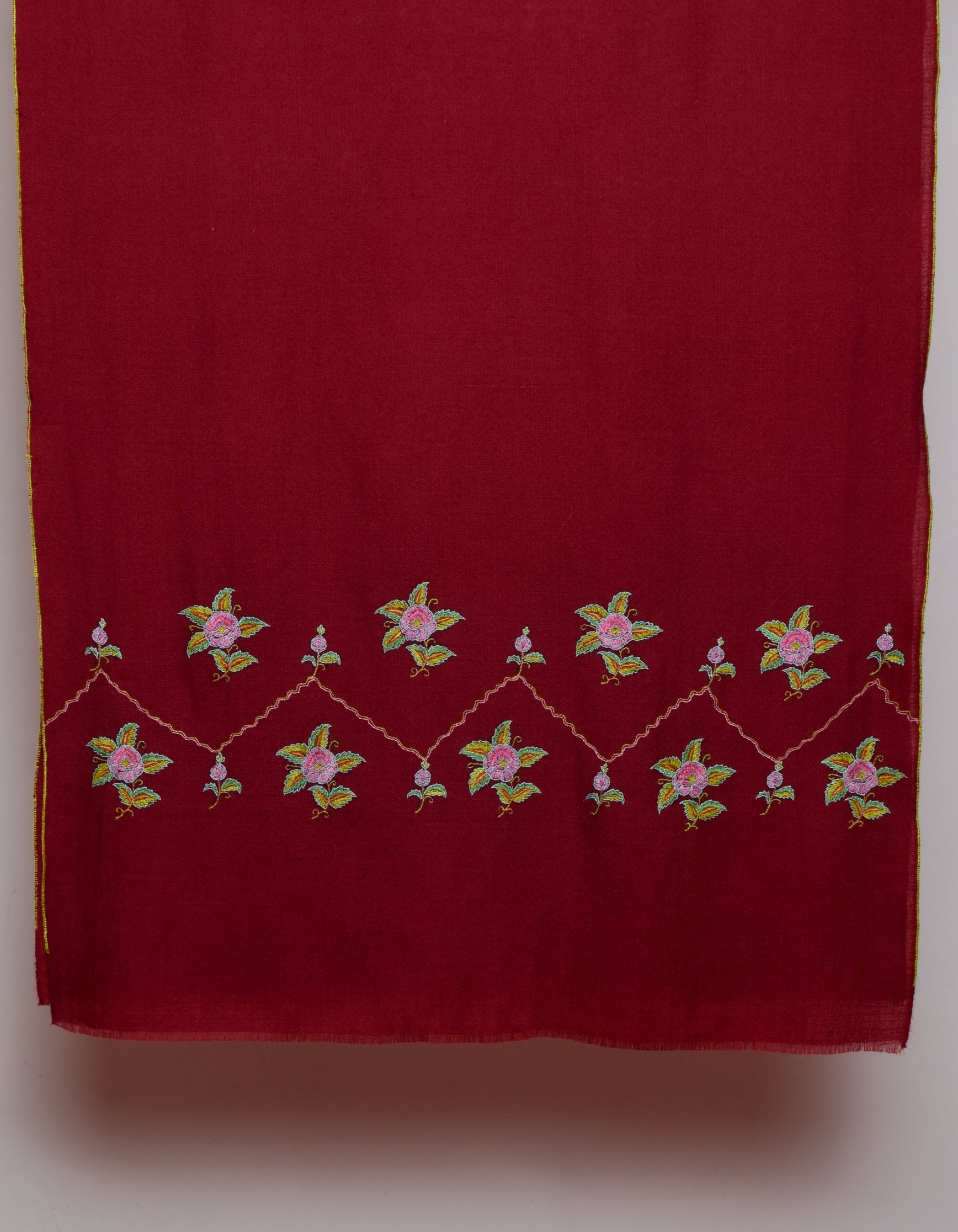 Deep Maroon Handwoven Border Palla Embroidered Cashmere Pashmina Stole - Kashmir Box