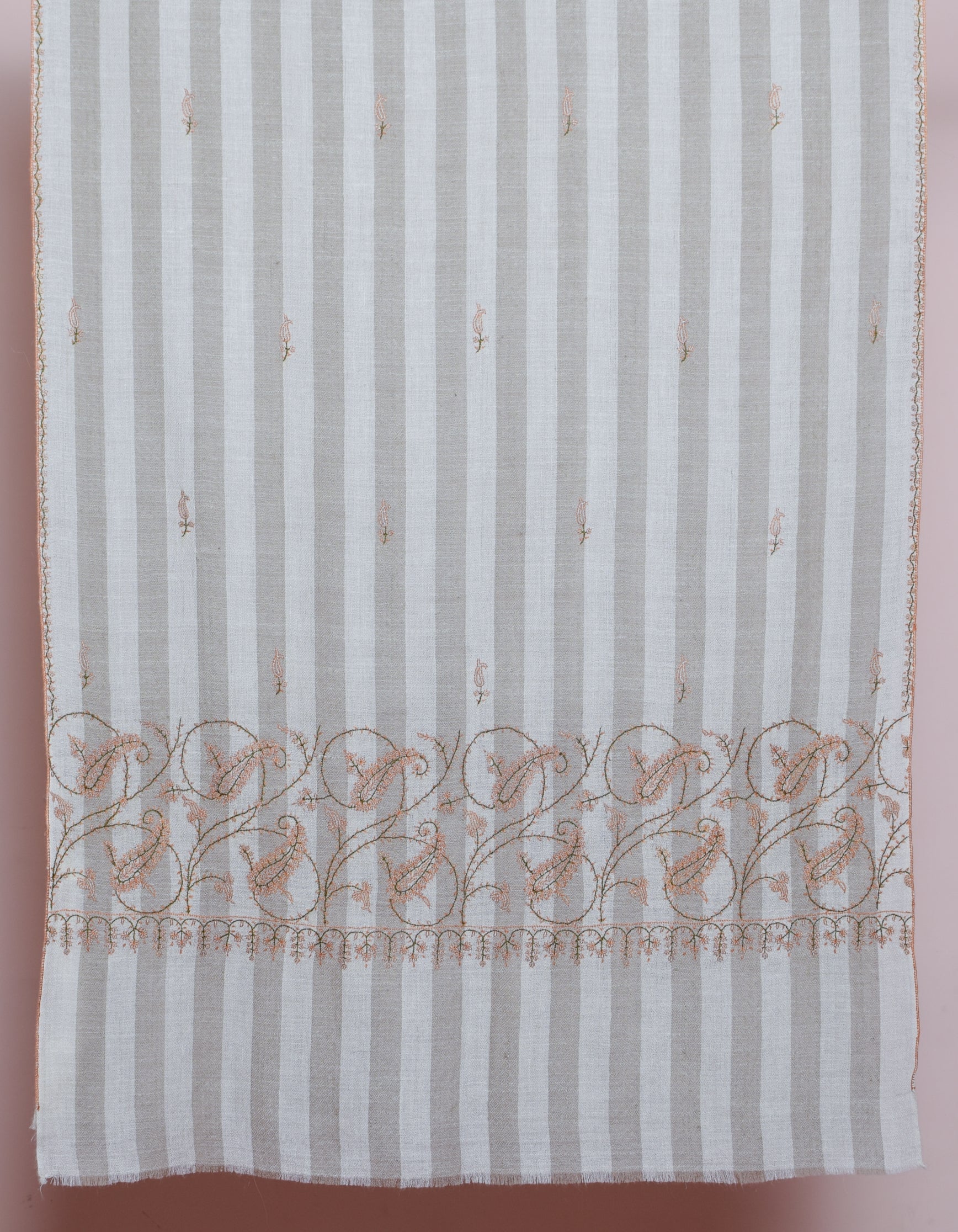 Natural Cream n Grey Stripes Handwoven Sozni Embroidered Cashmere Pashmina Stole - Kashmir Box