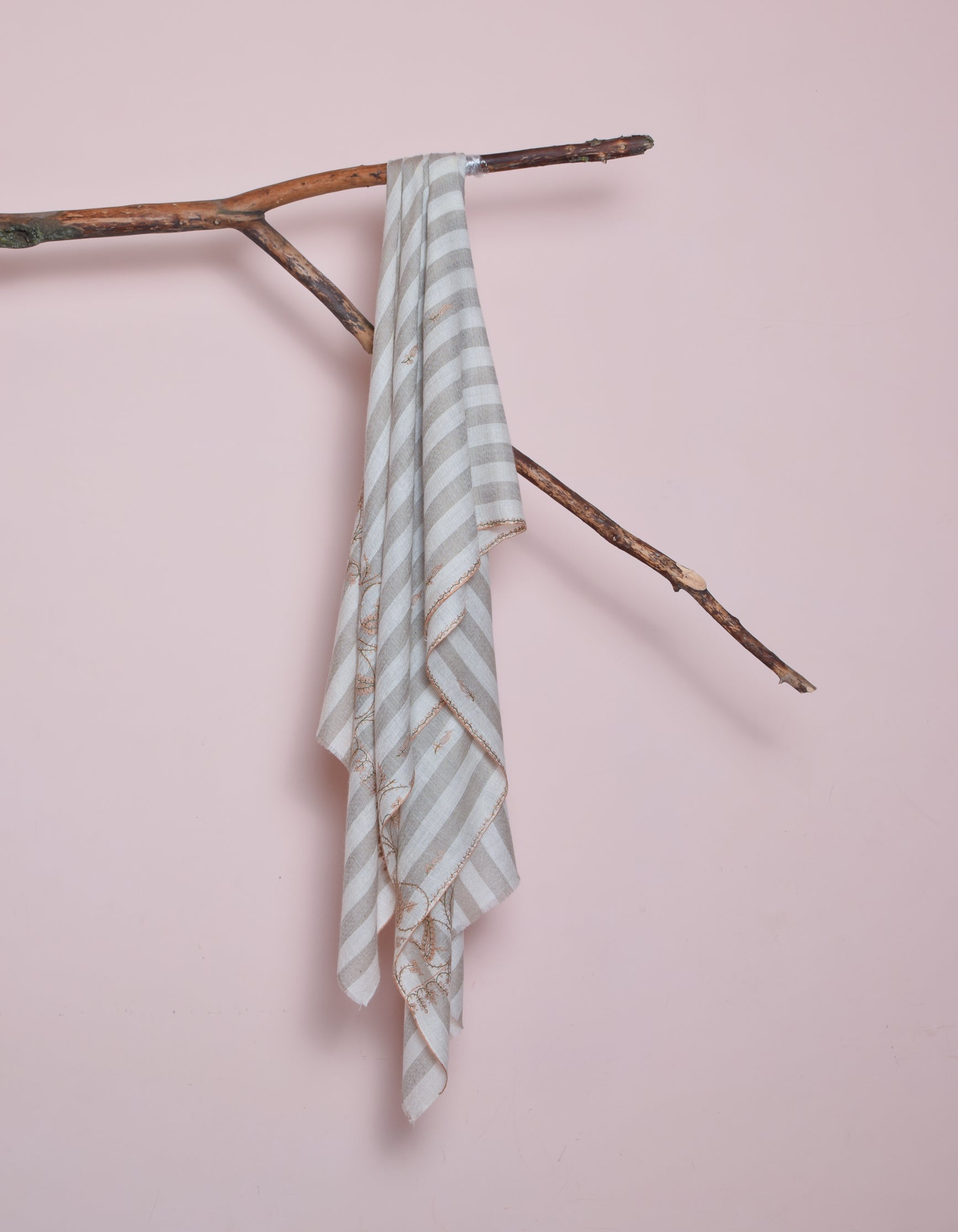 Natural Cream n Grey Stripes Handwoven Sozni Embroidered Cashmere Pashmina Stole - Kashmir Box