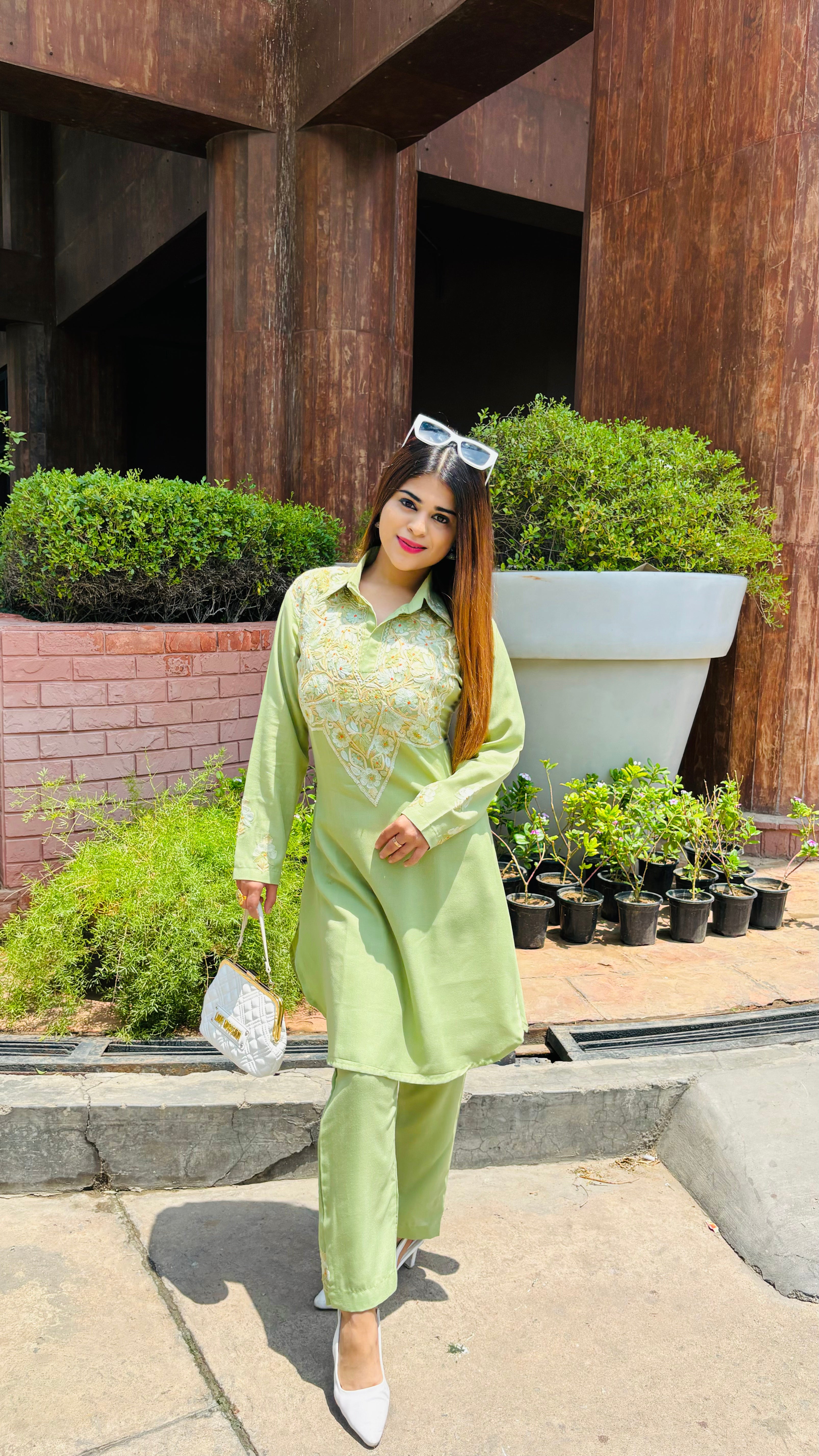 Soft Green Aari Work Cotton Co-ord Set