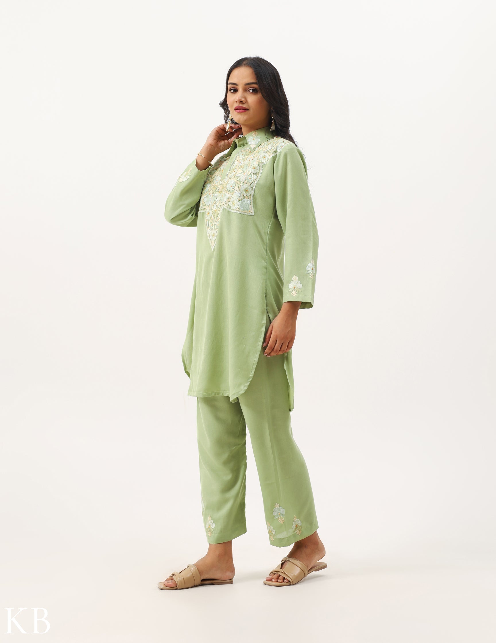 Soft Green Aari Work Cotton Co-ord Set - Kashmir Box