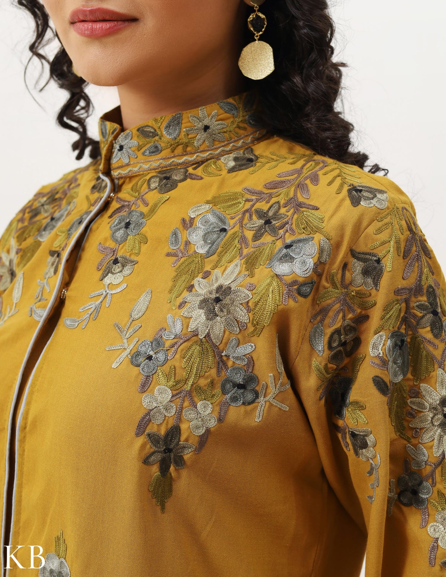 Amber Yellow Embroidered Jacket Co-ord Set - Kashmir Box