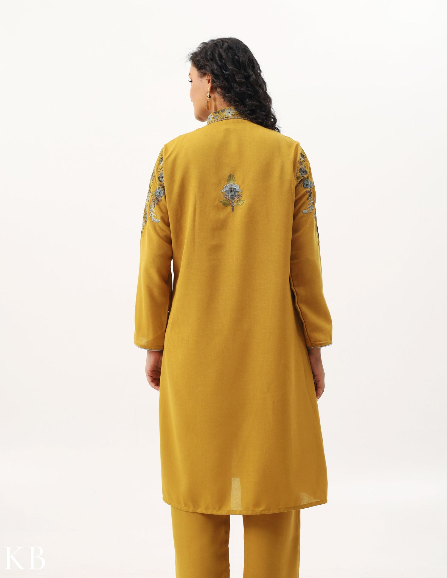 Amber Yellow Embroidered Jacket Co-ord Set - Kashmir Box