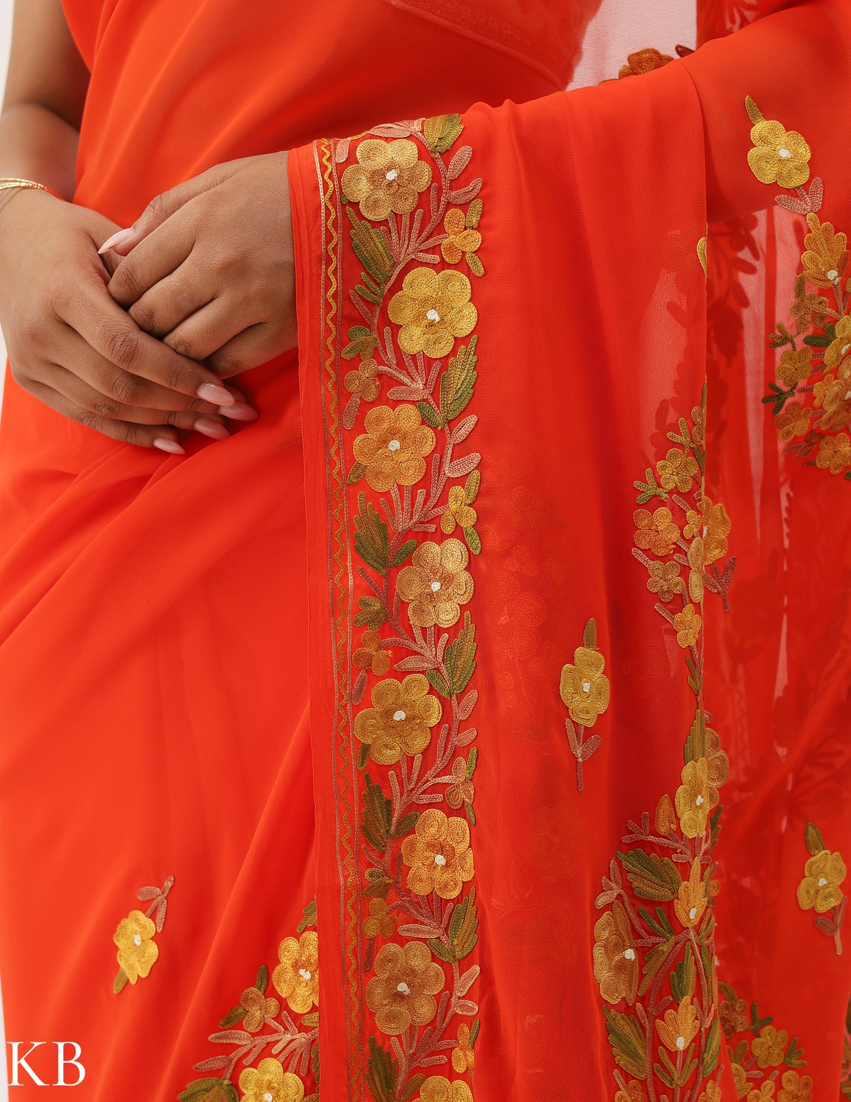 Mandarin Orange Floral Embroidered Georgette Saree - Kashmir Box