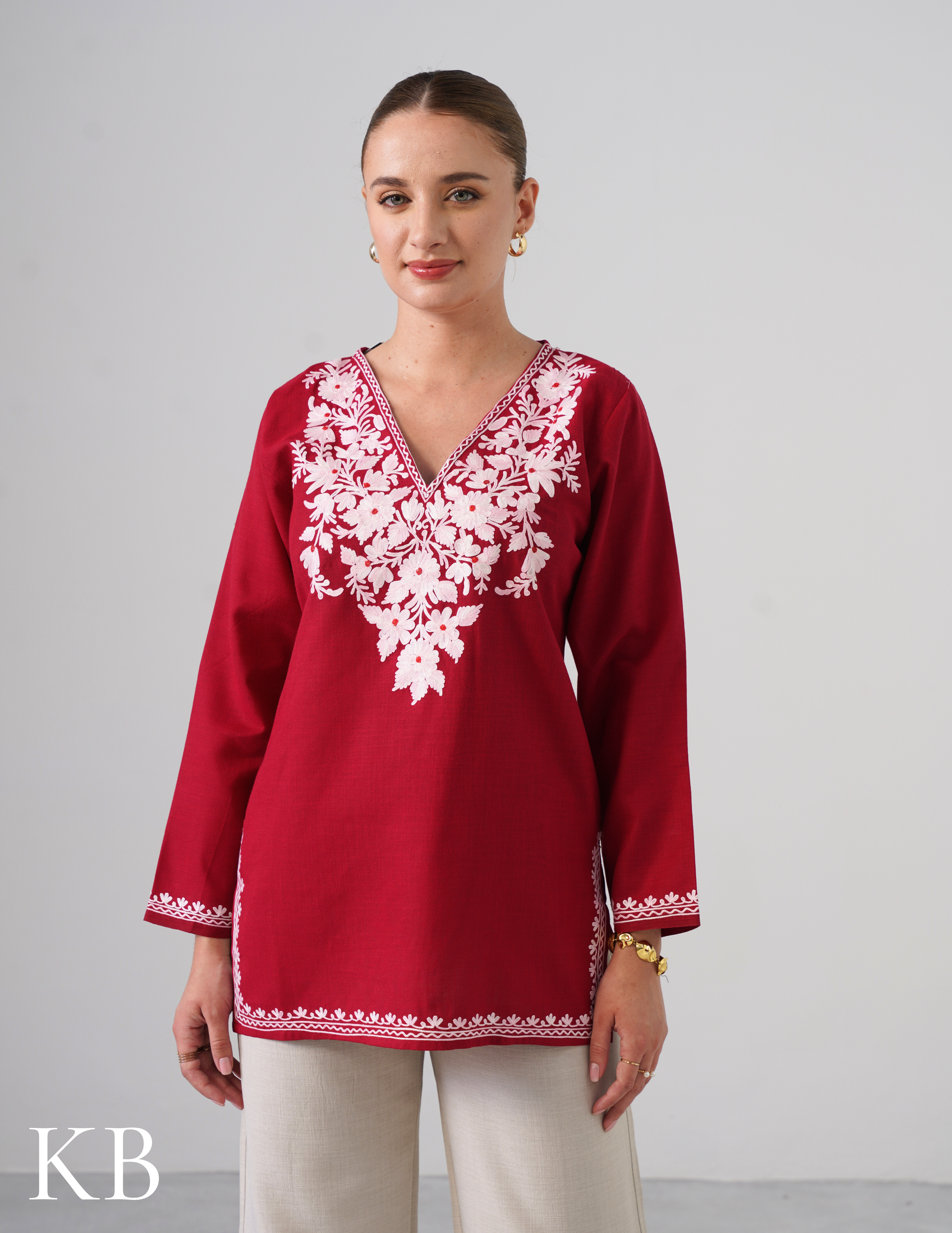 Blush Aari Embroidery Maroon Cotton Top