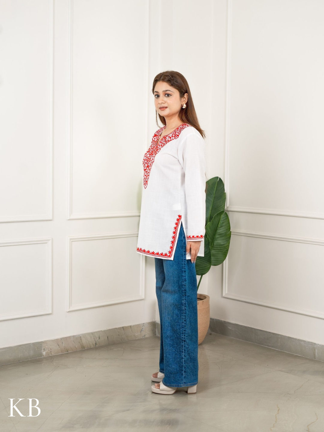 Crimson Embroidered White Cotton Top