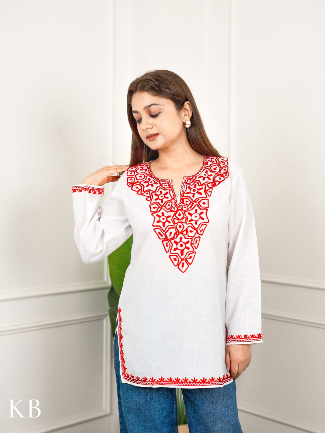Crimson Embroidered White Cotton Top