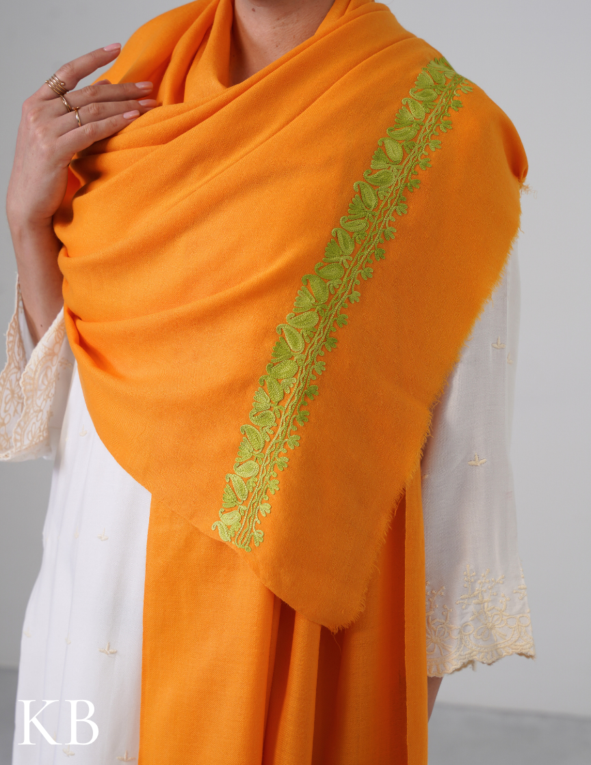 Sun Yellow Woollen Stole with Green Aari Embroidery | Bright Kashmiri Accent - Kashmir Box