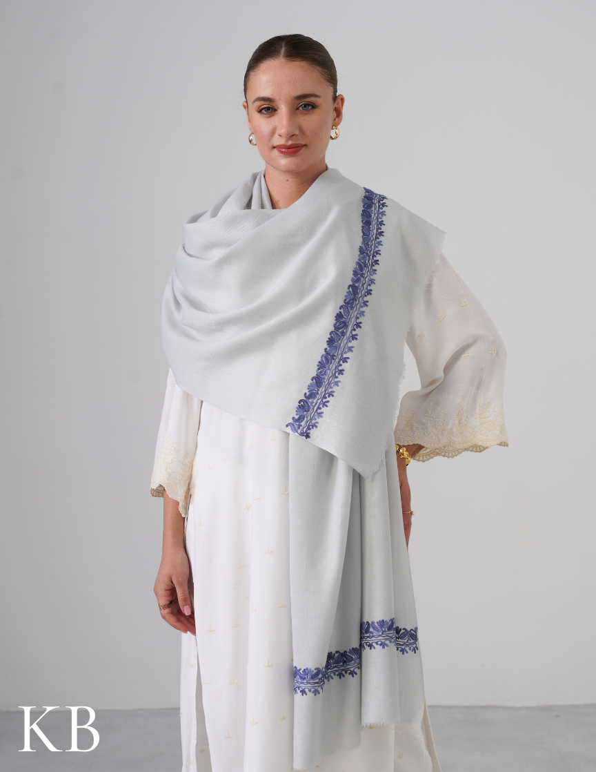 Water Grey Woollen Stole with Greyish Blue Aari Embroidery | Subtle Everyday Elegance - Kashmir Box