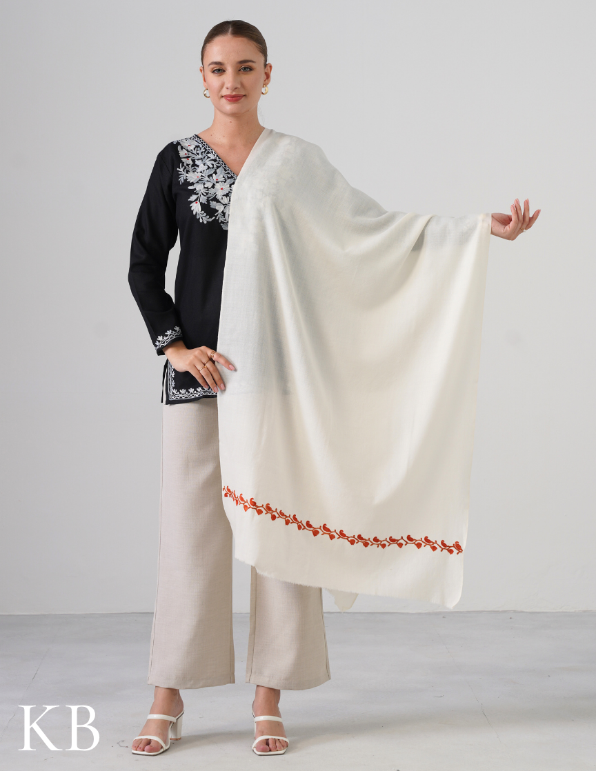 White Woollen Stole with Rust Orange Aari Embroidery | Minimal & Timeless - Kashmir Box