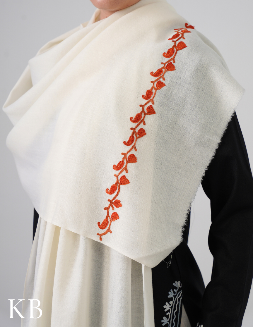 White Woollen Stole with Rust Orange Aari Embroidery | Minimal & Timeless - Kashmir Box