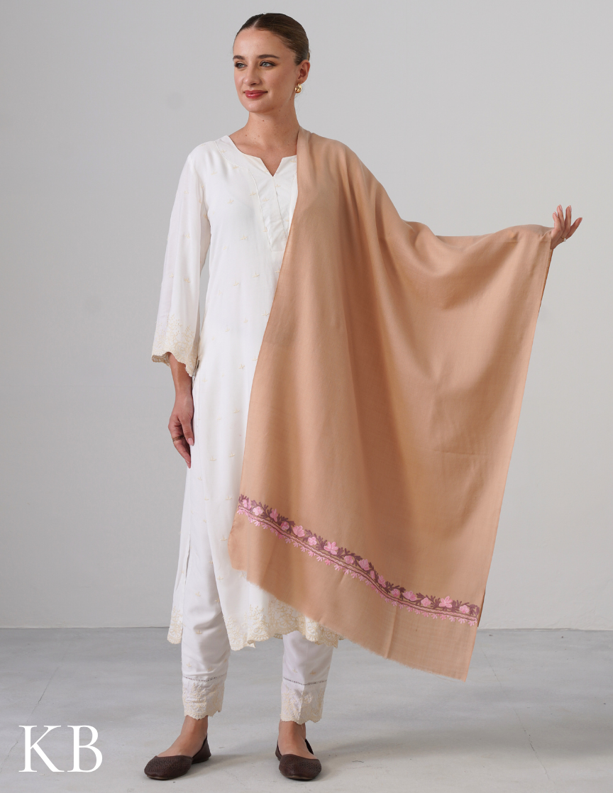 Latte Brown Stole with Pink & Lavender Aari Embroidery | Subtle Daily Luxury - Kashmir Box