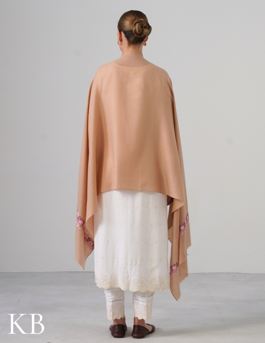 Latte Brown Stole with Pink & Lavender Aari Embroidery | Subtle Daily Luxury - Kashmir Box