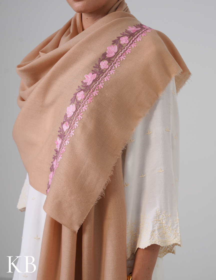 Latte Brown Stole with Pink & Lavender Aari Embroidery | Subtle Daily Luxury - Kashmir Box