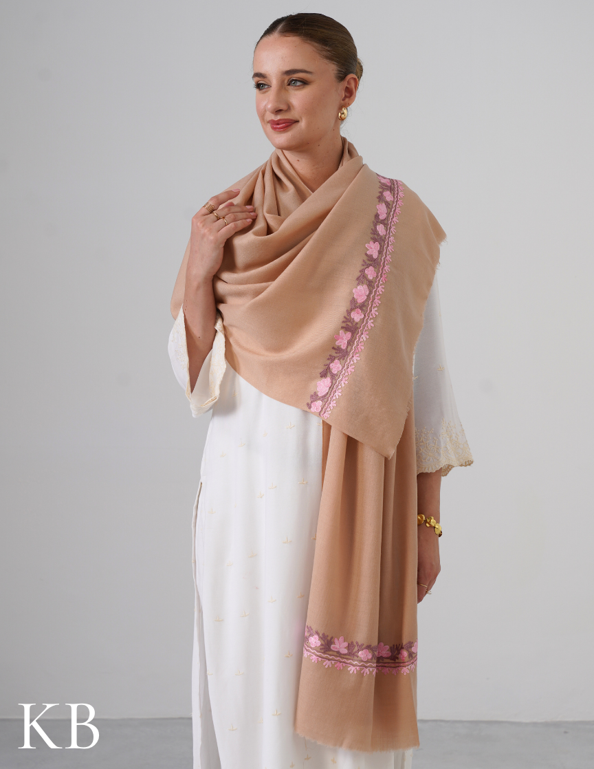 Latte Brown Stole with Pink & Lavender Aari Embroidery | Subtle Daily Luxury - Kashmir Box