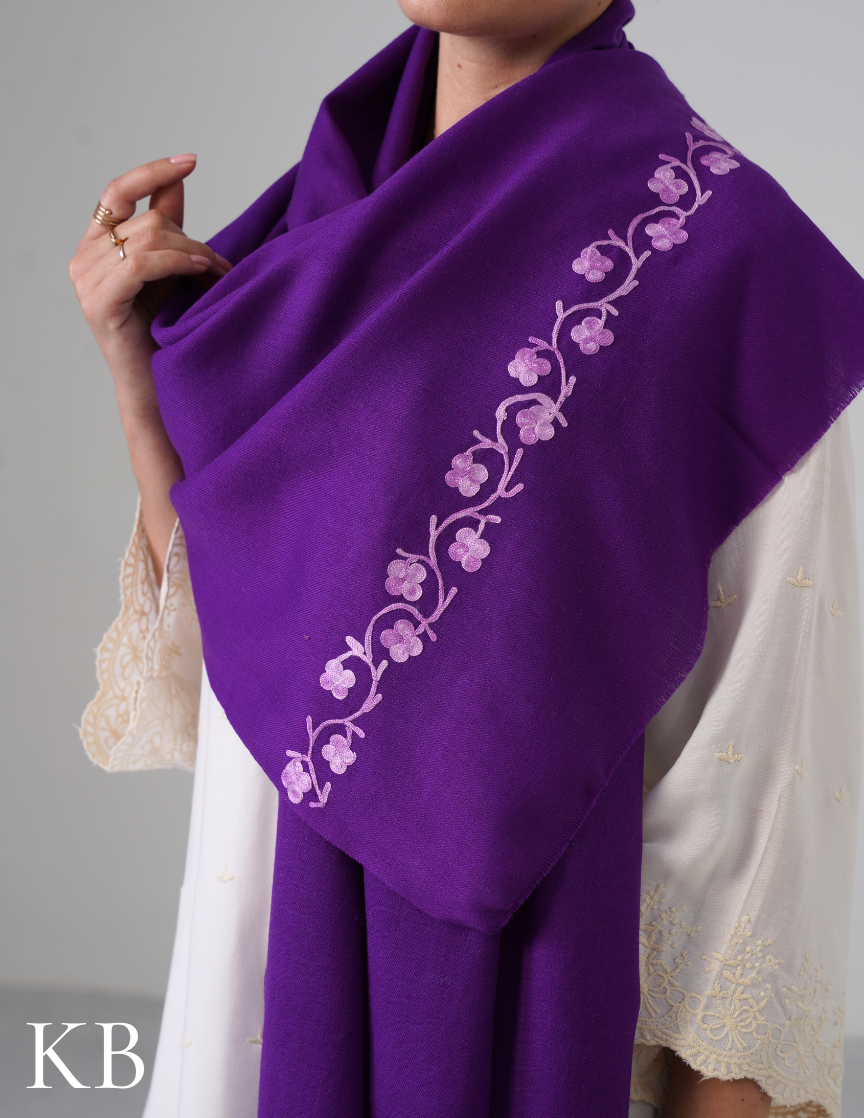 Royal Purple Woollen Stole with Lavender Aari Embroidery | Everyday Elegance - Kashmir Box