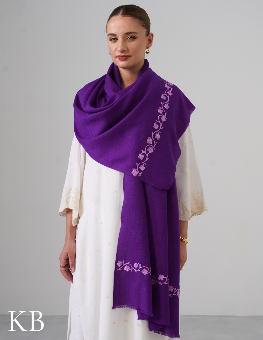 Royal Purple Woollen Stole with Lavender Aari Embroidery | Everyday Elegance - Kashmir Box
