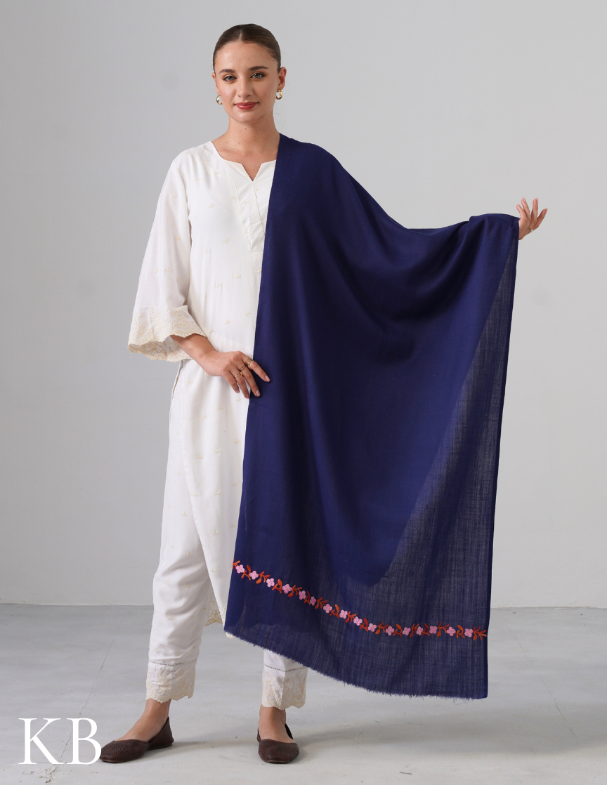 Navy Blue Woollen Stole with Pink & Rust Aari Embroidery | Refined Winter Layer - Kashmir Box