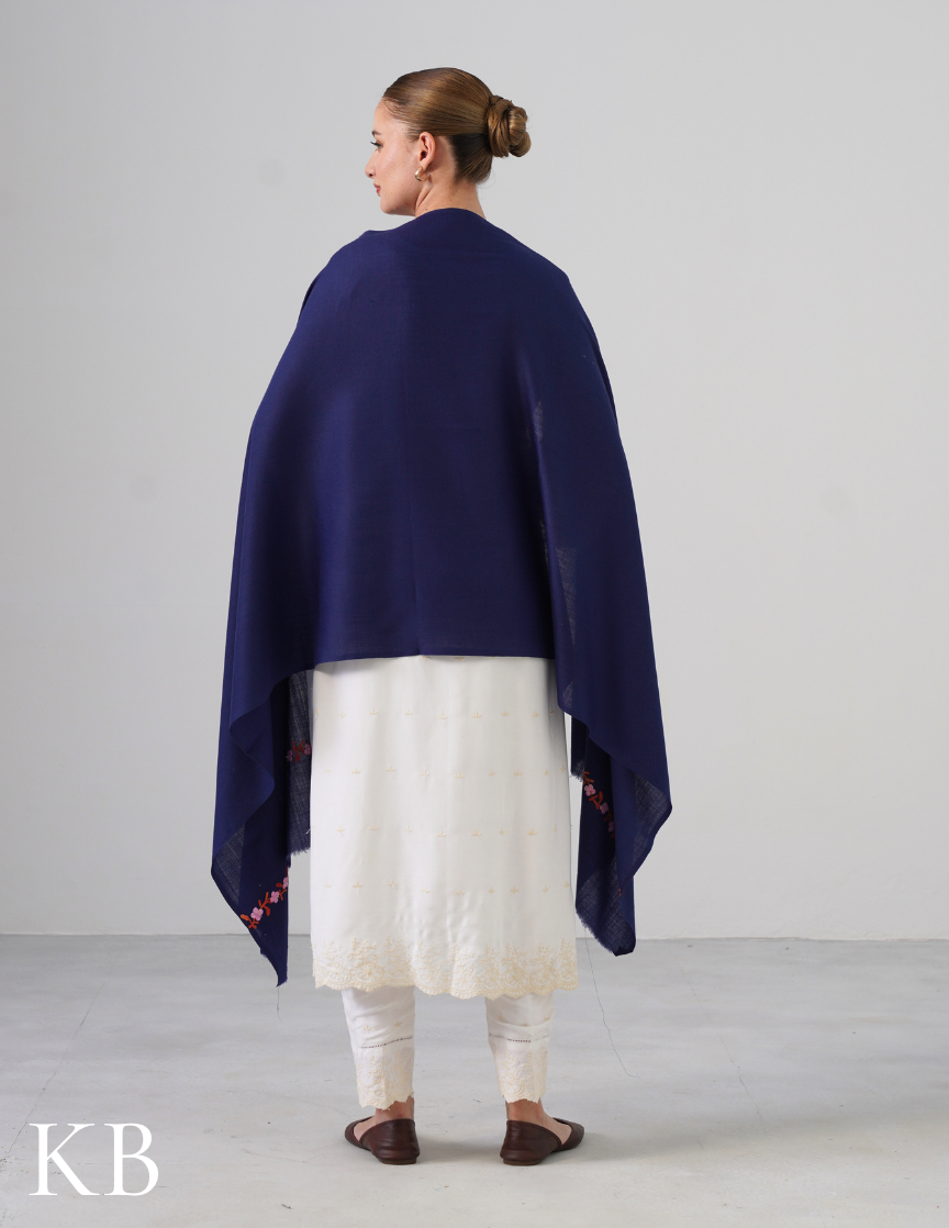 Navy Blue Woollen Stole with Pink & Rust Aari Embroidery | Refined Winter Layer - Kashmir Box