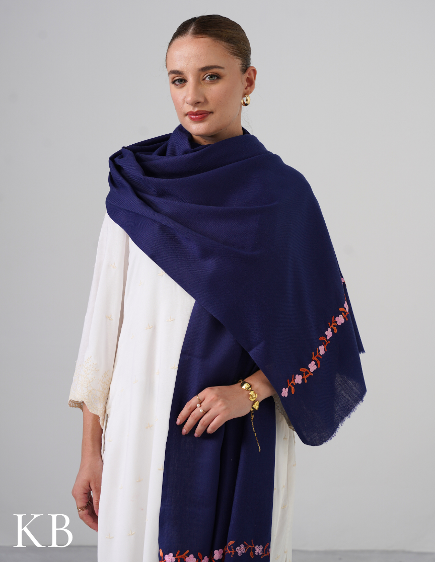 Navy Blue Woollen Stole with Pink & Rust Aari Embroidery | Refined Winter Layer - Kashmir Box