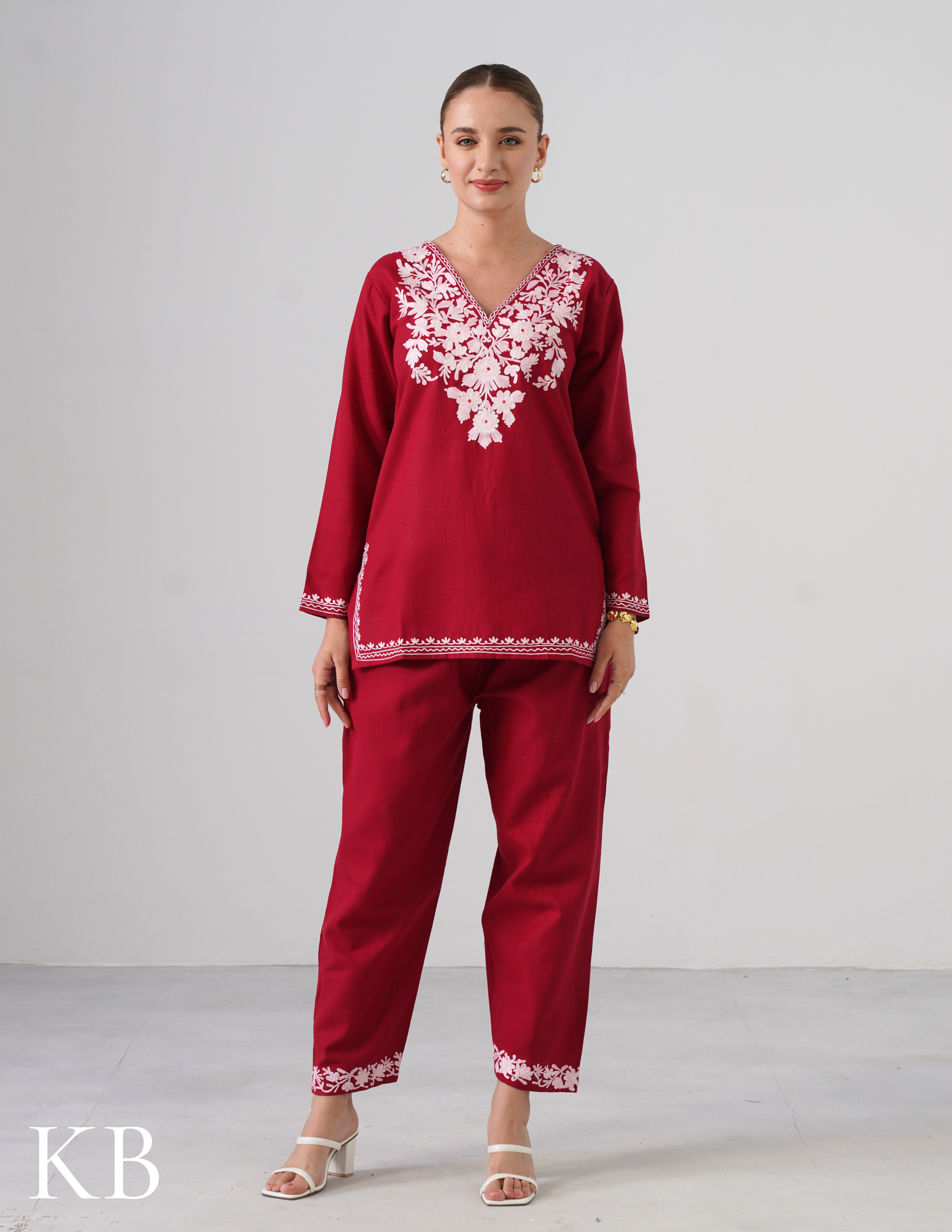 Blush Maroon Embroidered Coord Set For Women - Cotton Aari Work